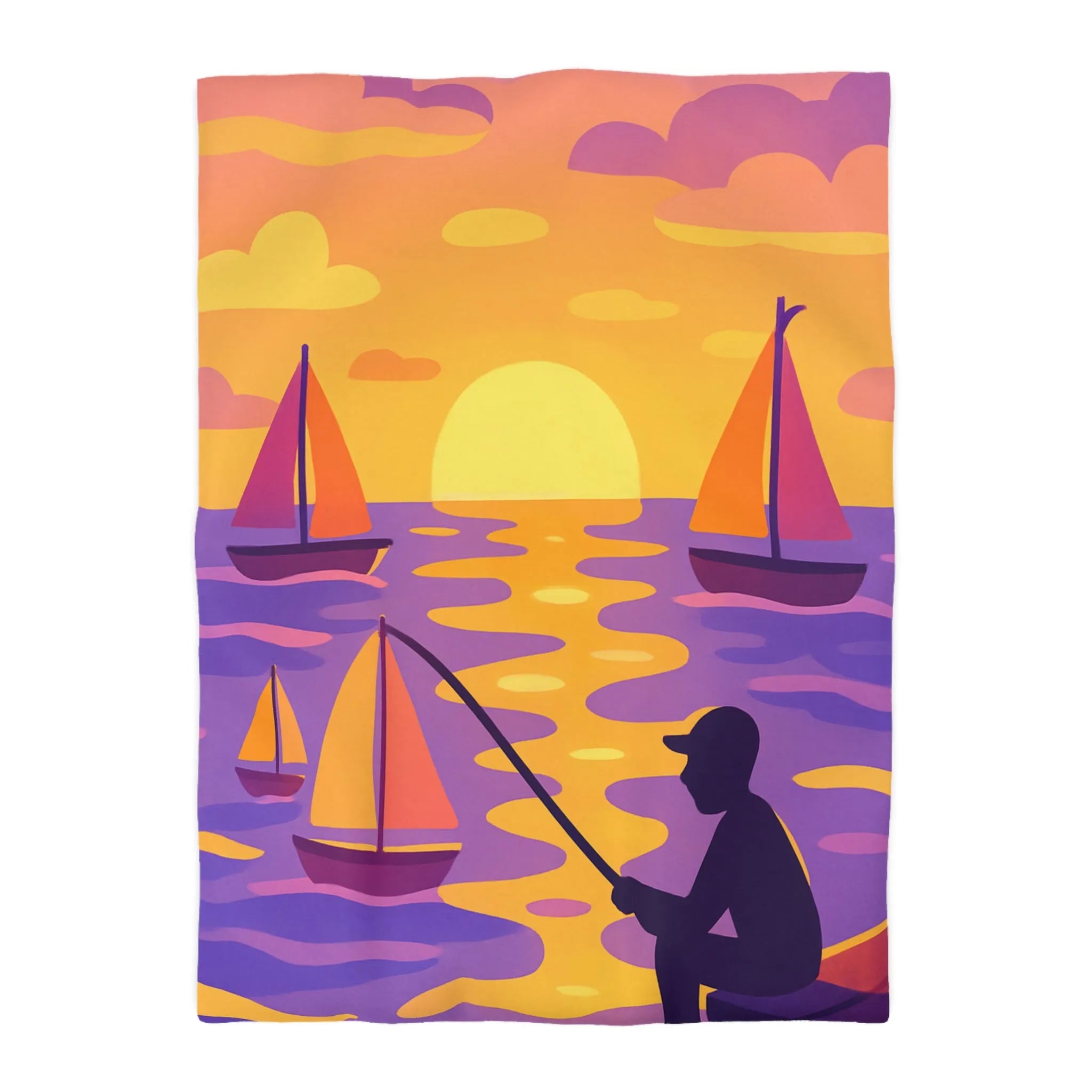 Housse de couette colorée avec voiliers et coucher de soleil magnifique au bord de l'eau