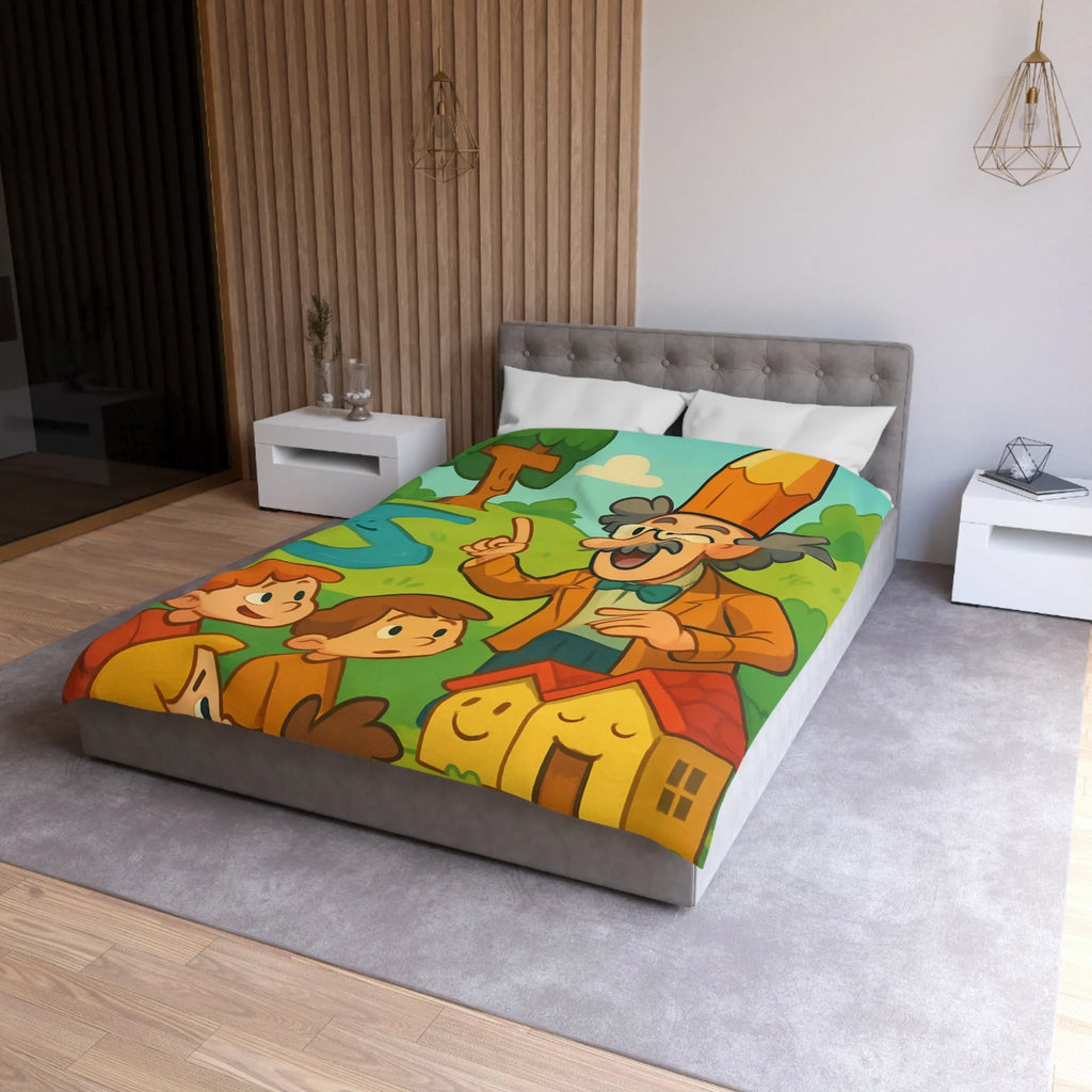 Housse de couette colorée avec un professeur et enfants dans un paysage enchanteur