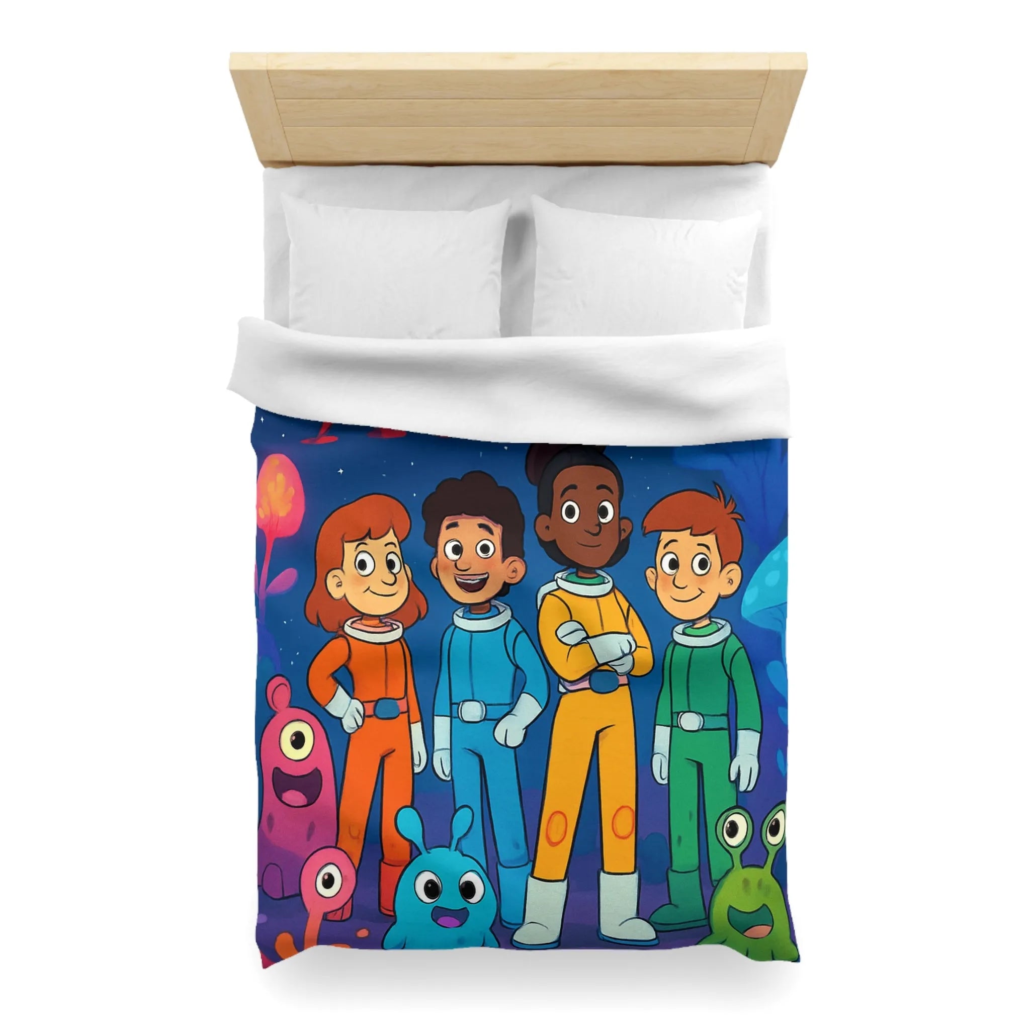 Housse de couette enfant astronaute avec planète, fusée et créatures extraterrestres colorées