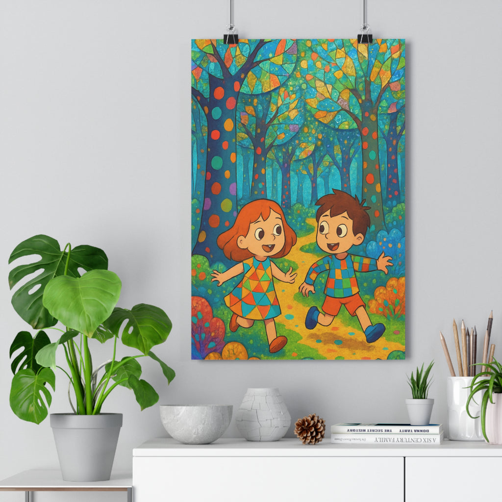 Poster décoratif forêt enchantée enfants joyeux coloré bleu orange vert chambre fantaisie surréaliste 30x46