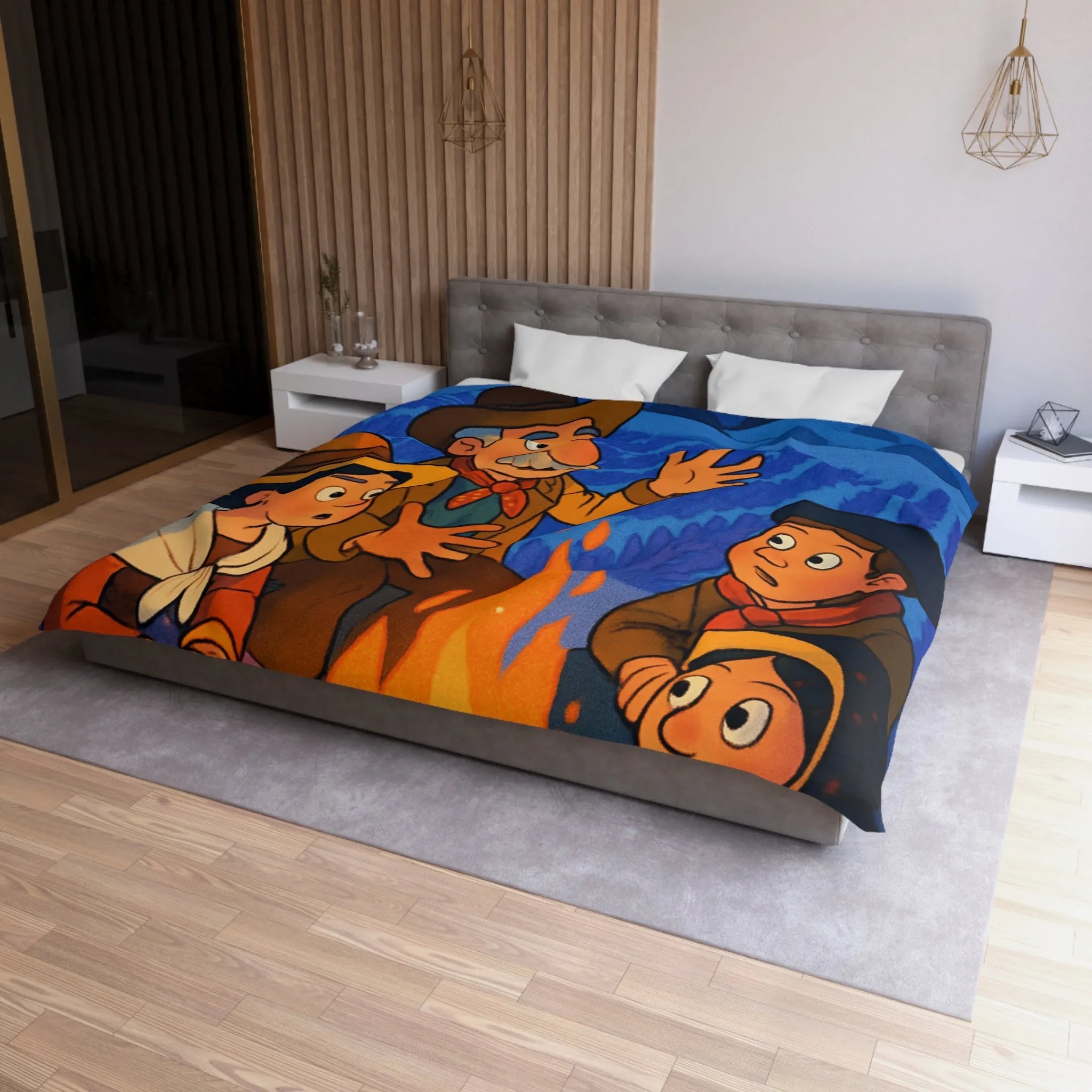 Housse de couette colorée avec scène animée racontant une histoire sous les étoiles