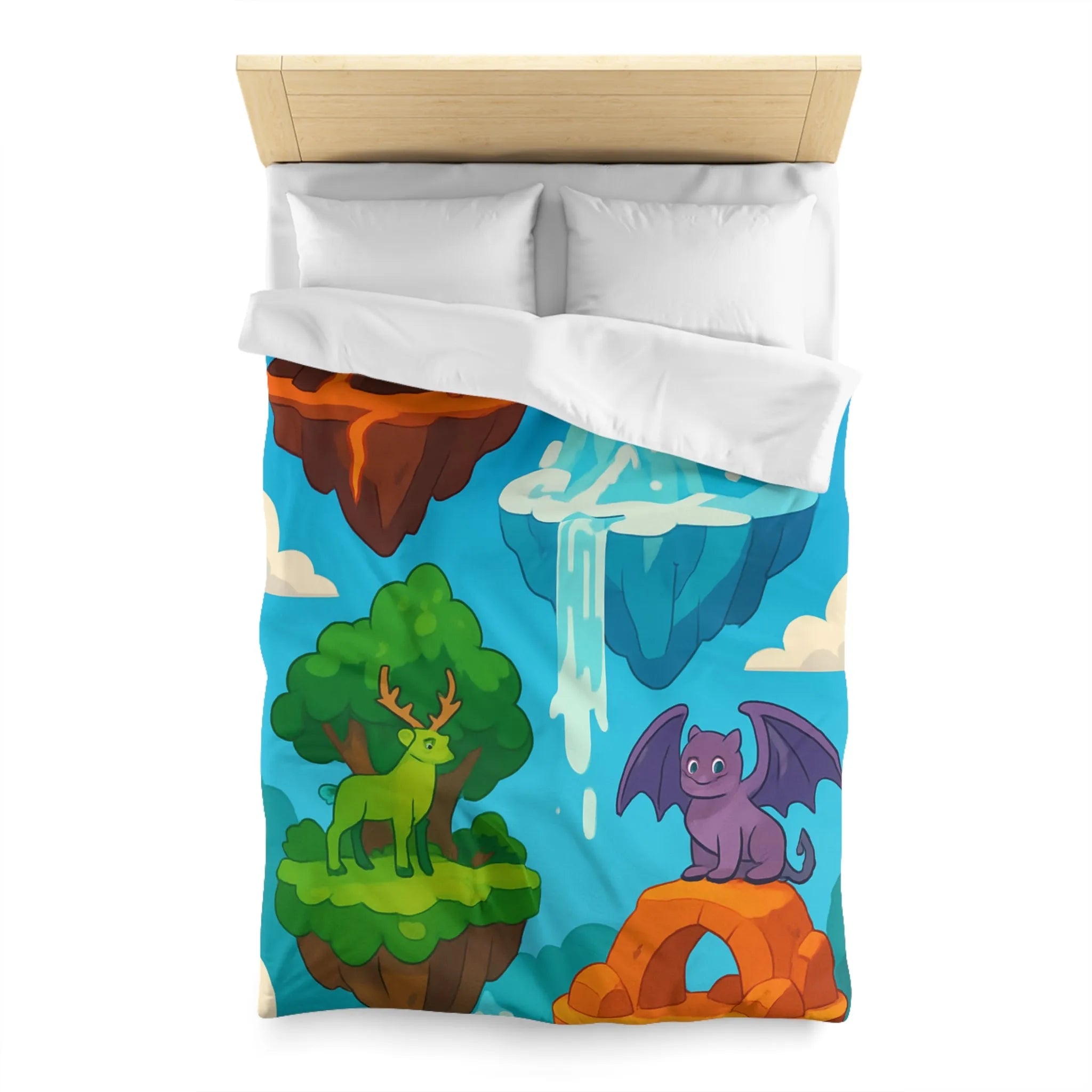 Housse de couette fantasy avec îles flottantes et créatures magiques colorées