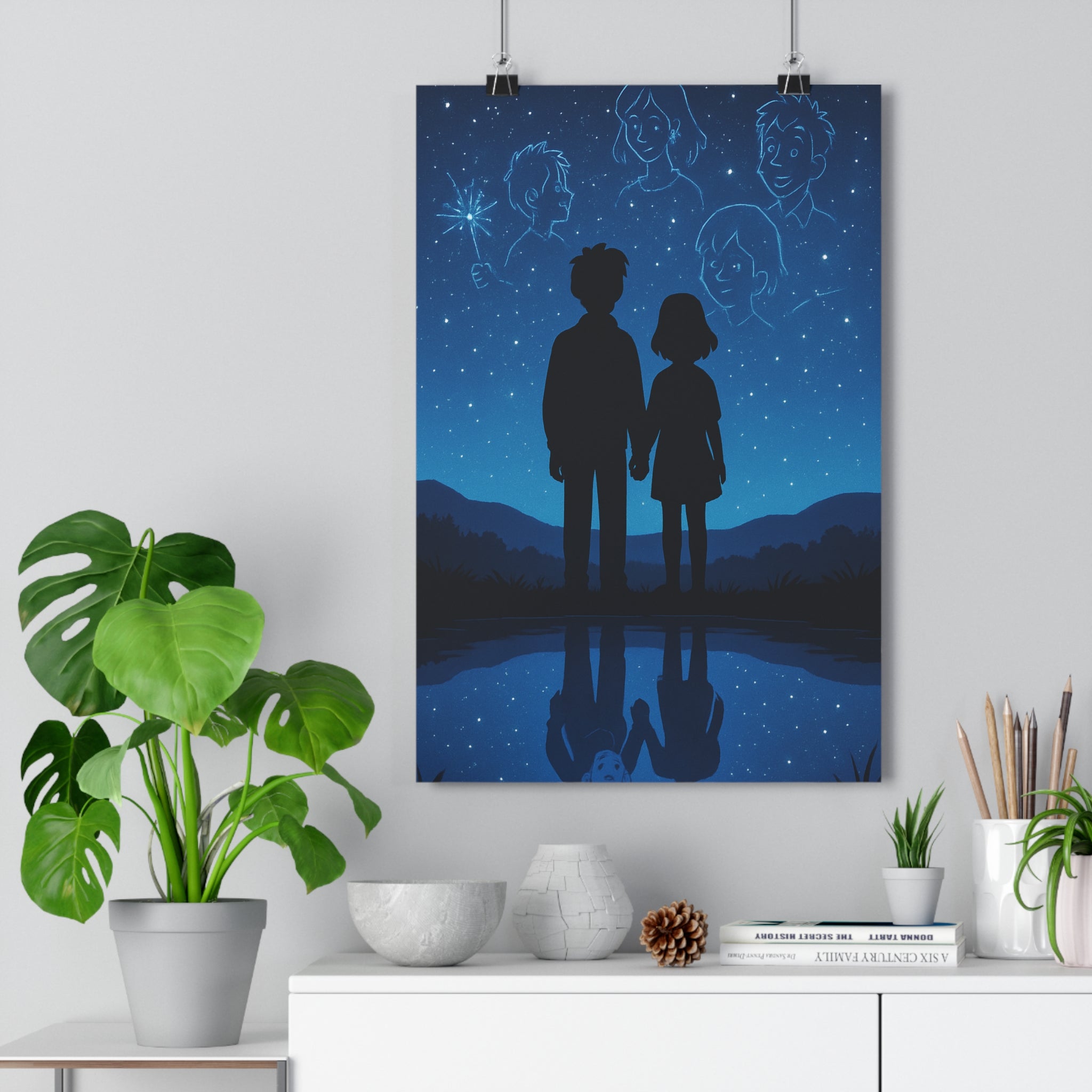 Poster décoratif conte fées bleu ciel étoilé magie enfants chambre rêveur paisible sérénité ambiance