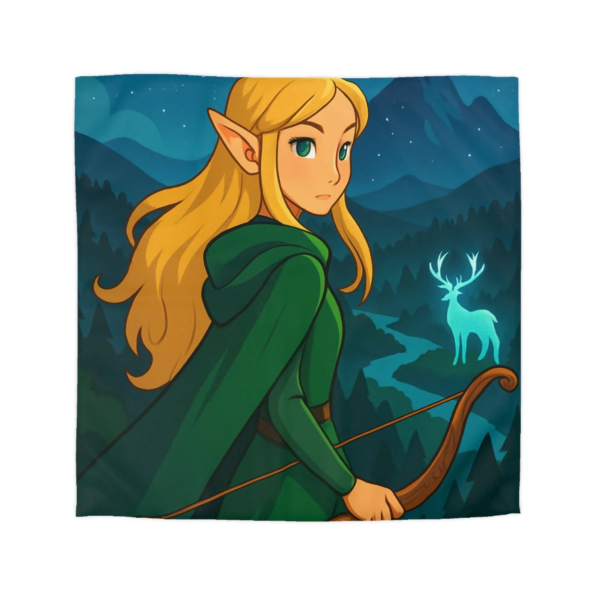 Housse de couette avec elfe archère, cerf lumineux, forêt montagneuse et ciel étoilé