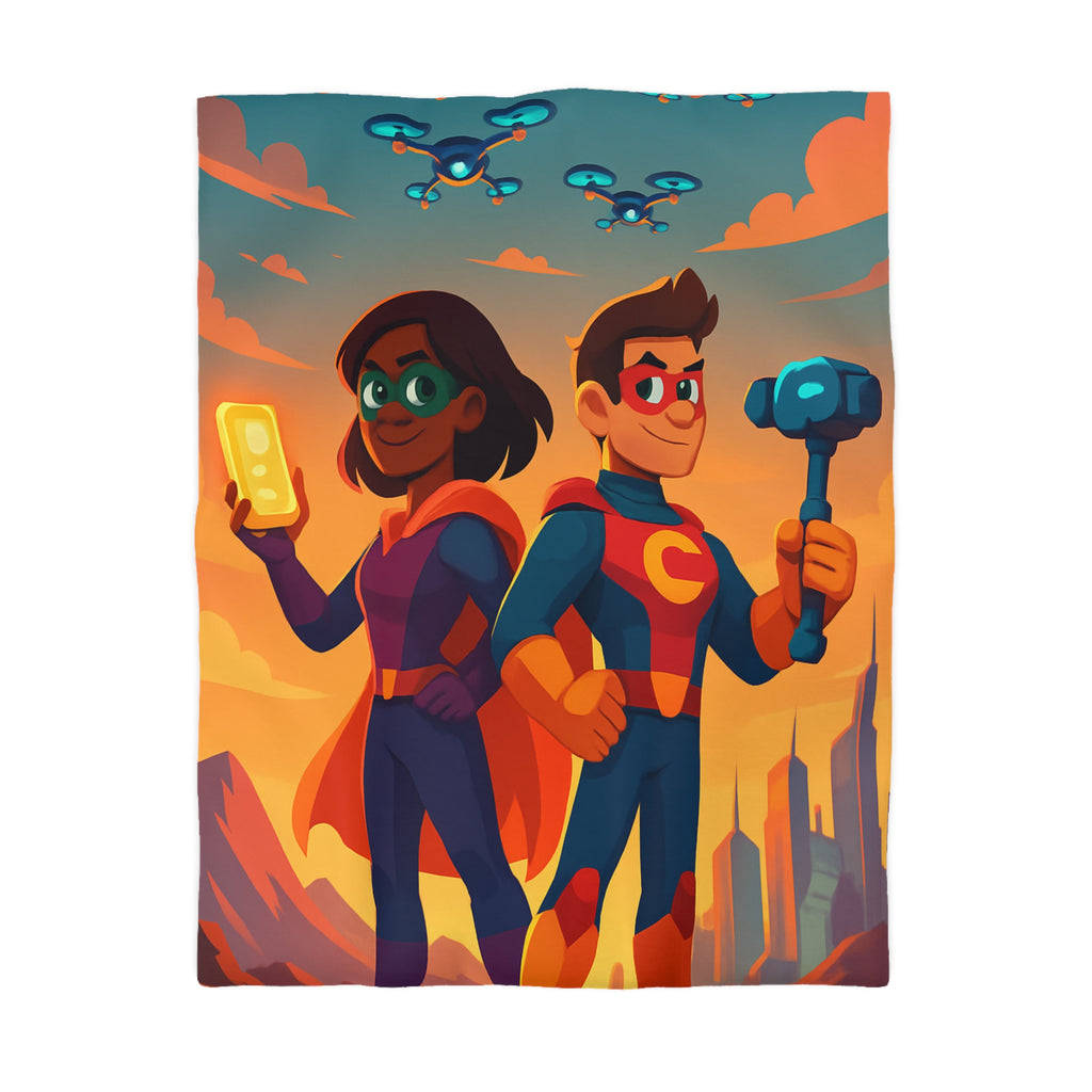 Super-héros Enfantins avec Drones dans Paysage Urbain Coloré Crépusculaire Illustré