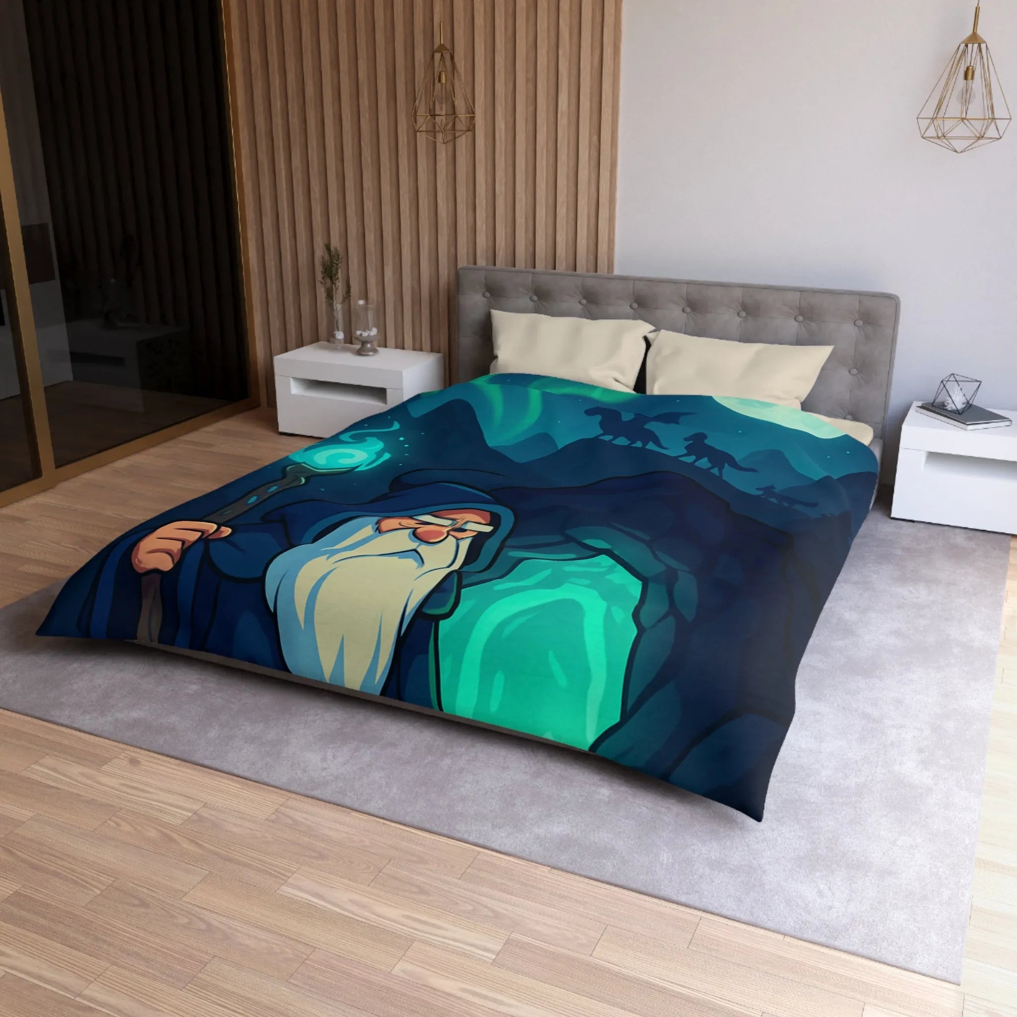 Housse de couette avec illustration de sorcier sous une aurore boréale et pleine lune