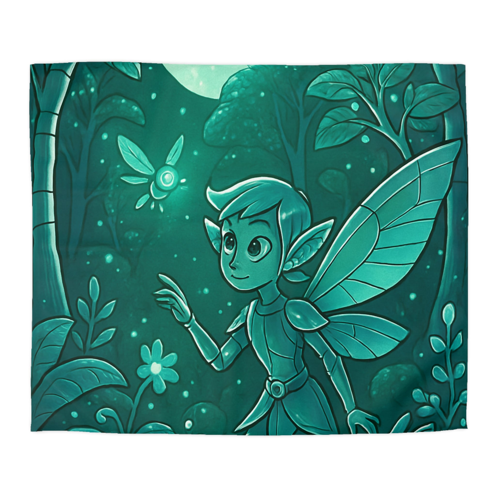 Housse de couette verte magique avec fée, papillon et forêt enchantée, ambiance nocturne