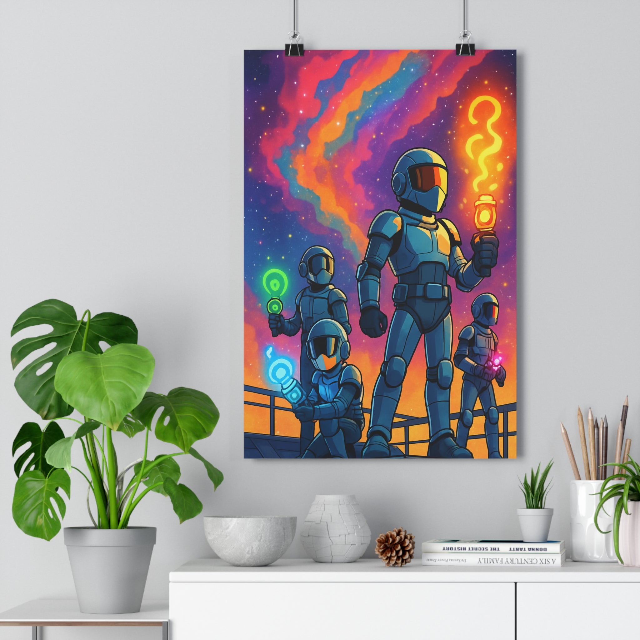 Poster décoratif futuriste violet orange bleu anime mystique salon chambre ambiance captivante personnages énergiques