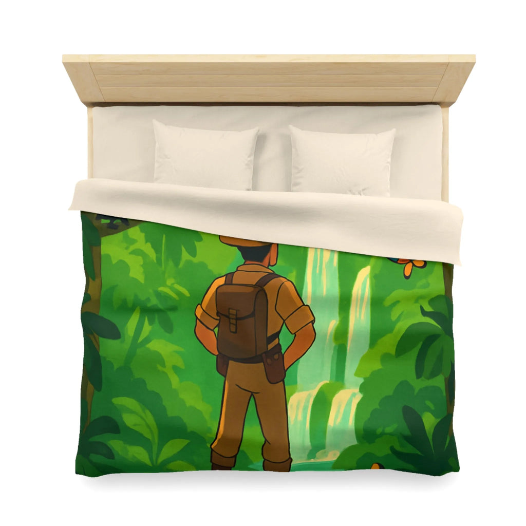 Housse de couette jungle exotique avec explorateur, toucan et paysages luxuriants