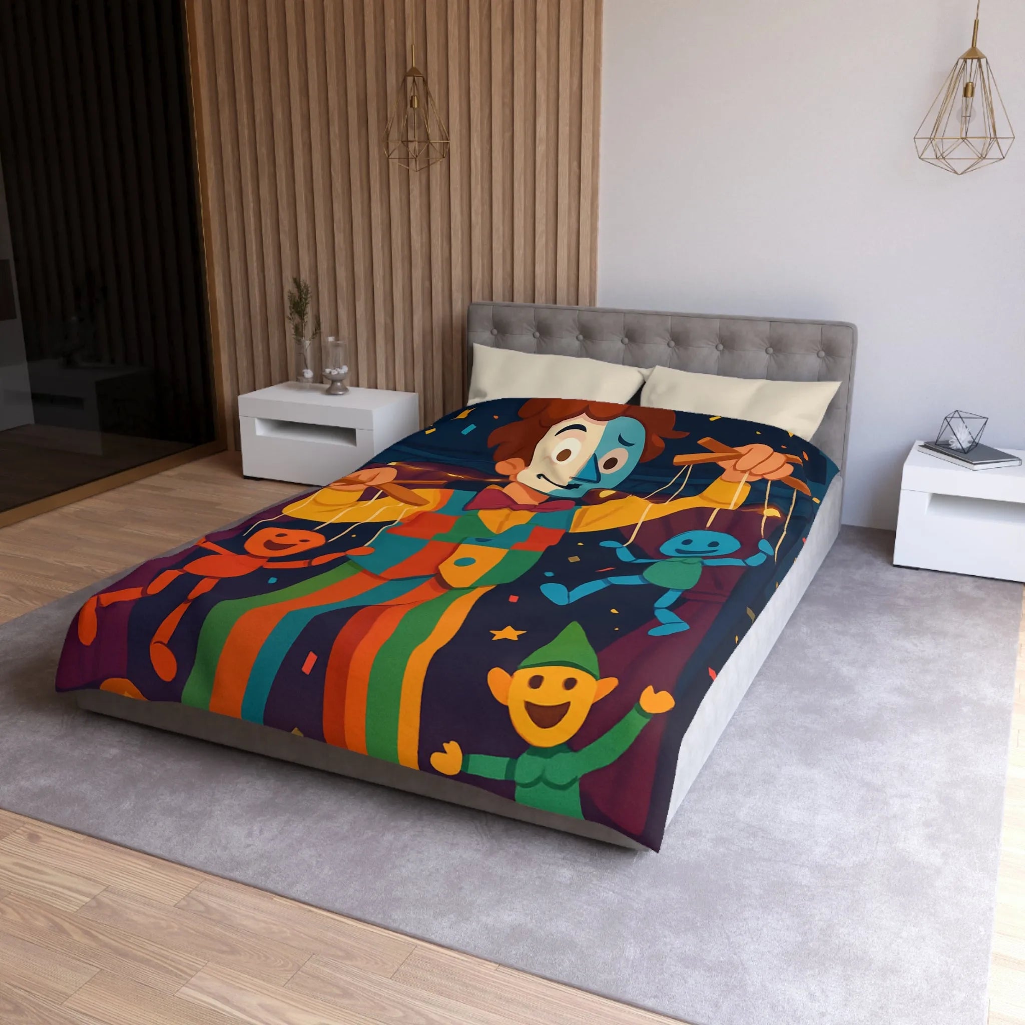 Housse de couette marionnettiste coloré avec motifs joyeux pour chambre d'enfant festive