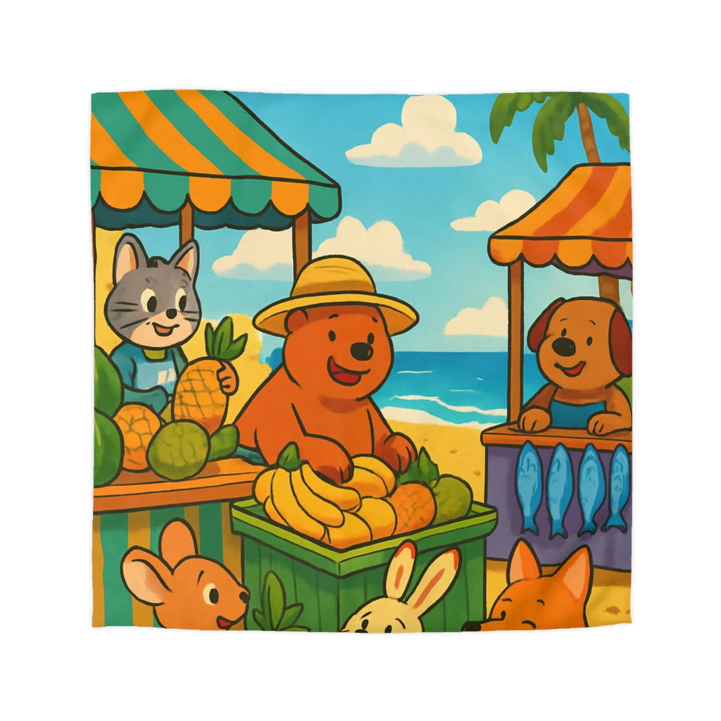 Housse de couette enfant avec animaux mignons sur plage et étals de fruits