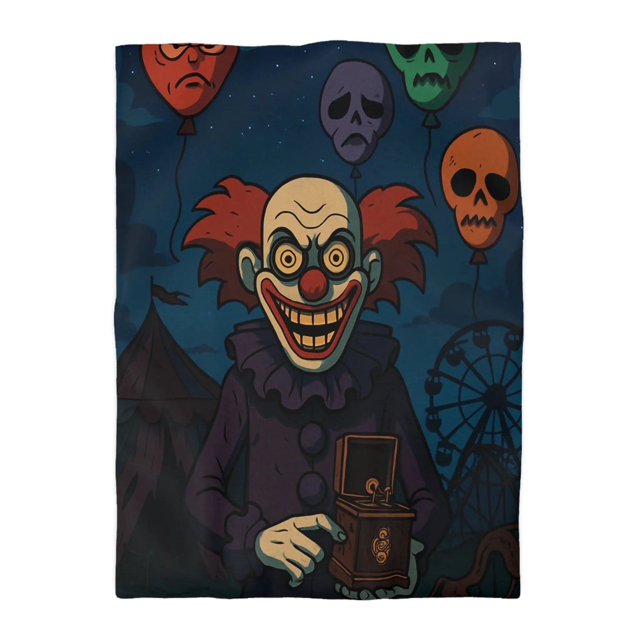 Housse de couette effrayante de clown sinistre avec ballons et fête foraine sombre