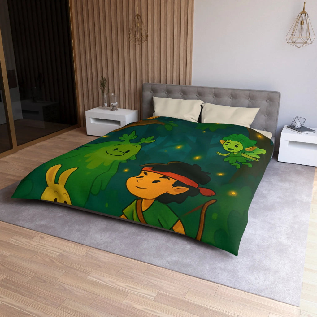 Housse de couette enfant illustrée avec scène de forêt enchantée et personnages magiques