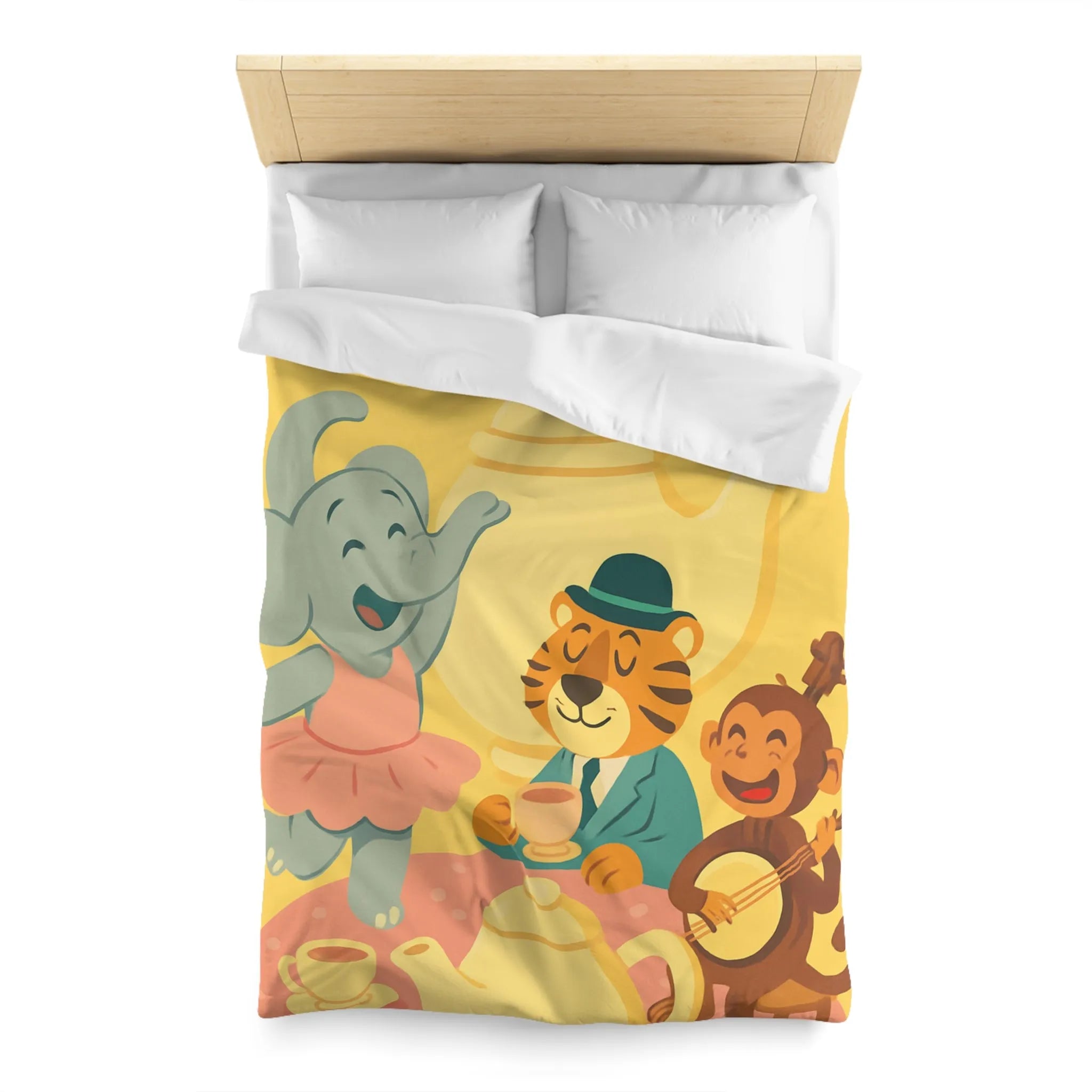Housse de couette enfantine colorée avec éléphant, tigre et singe en fête joyeuse