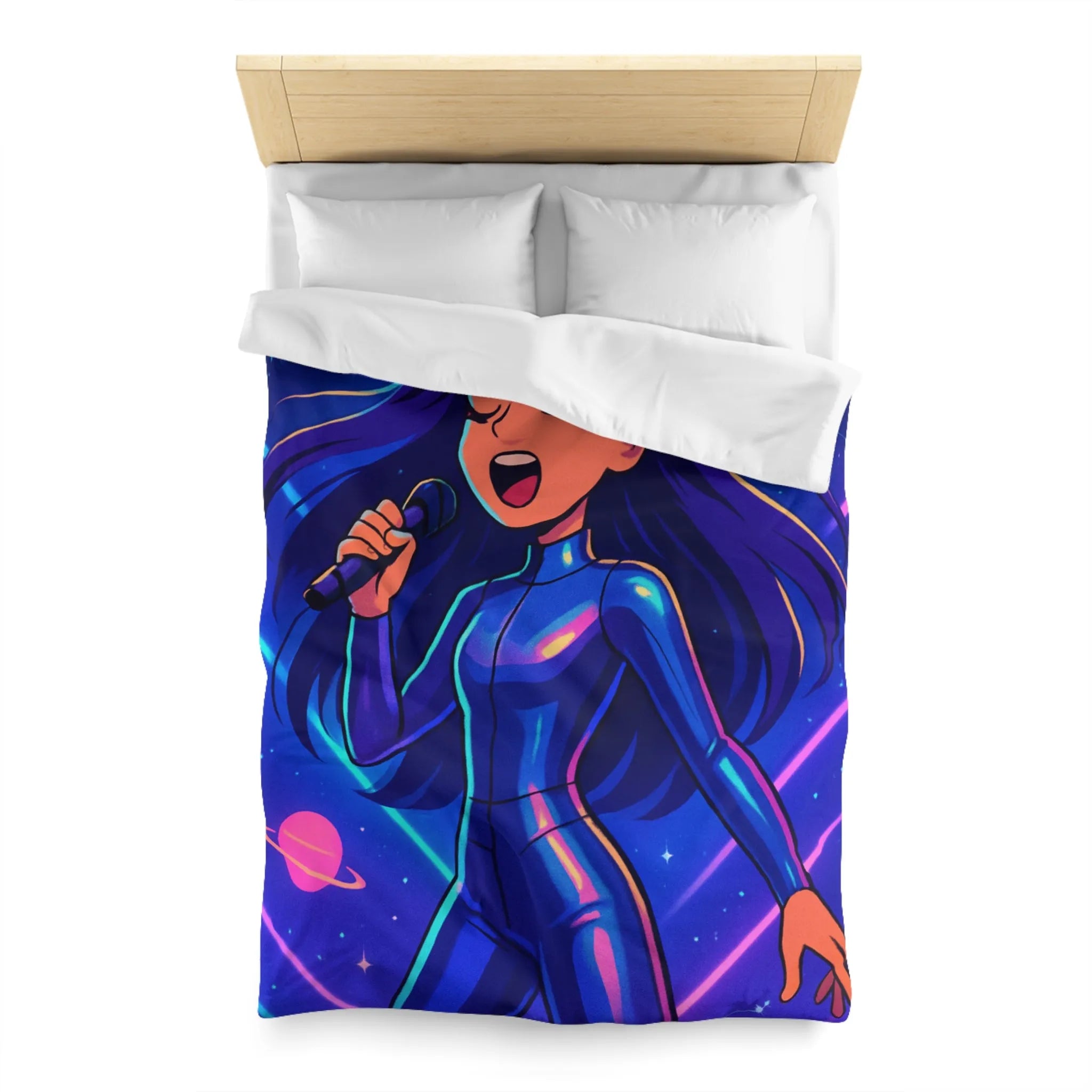 "Housse de couette galaxie: chanteuse en combinaison bleue avec planètes et étoiles brillantes"