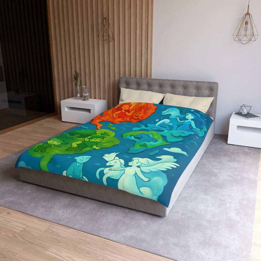 Housse de couette colorée avec illustration ludique des éléments naturels en harmonie