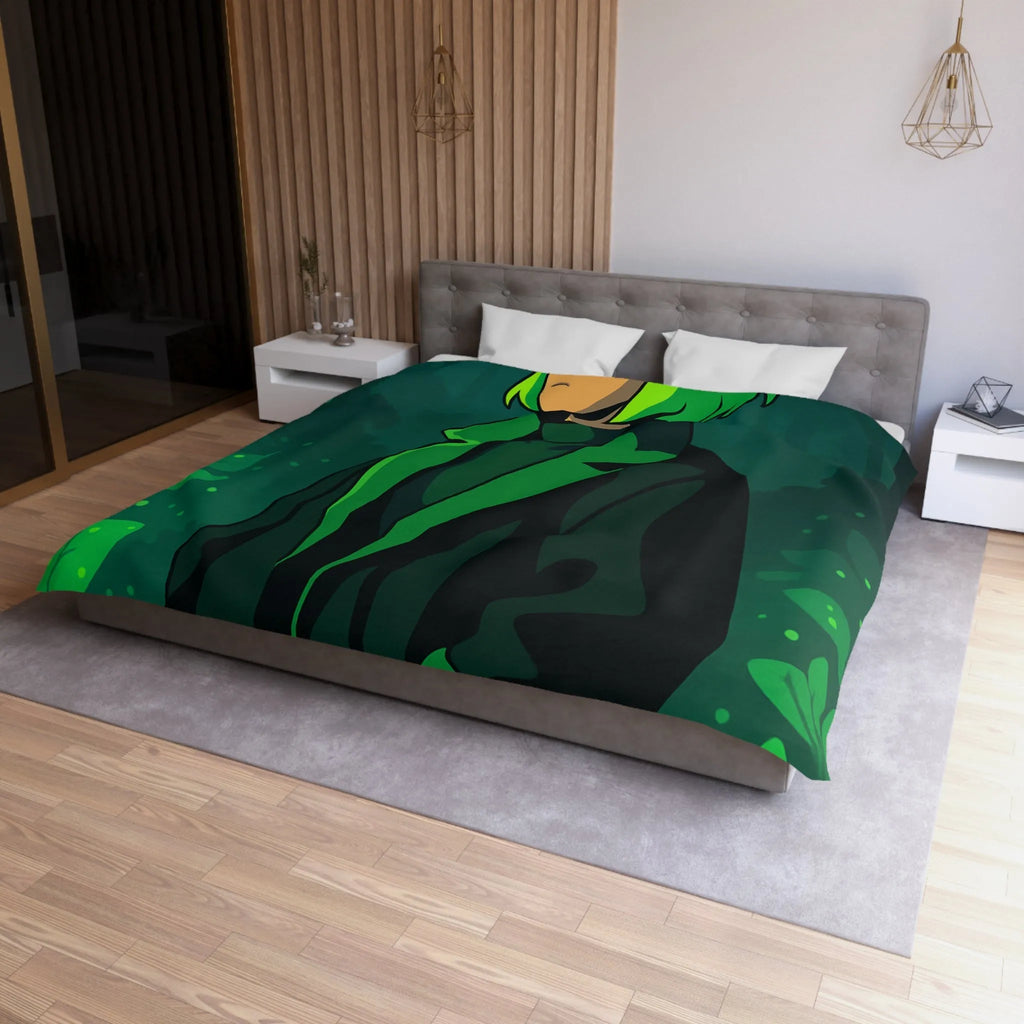 Housse de couette forêt graphique avec personnage mystérieux et nuances vertes élégantes