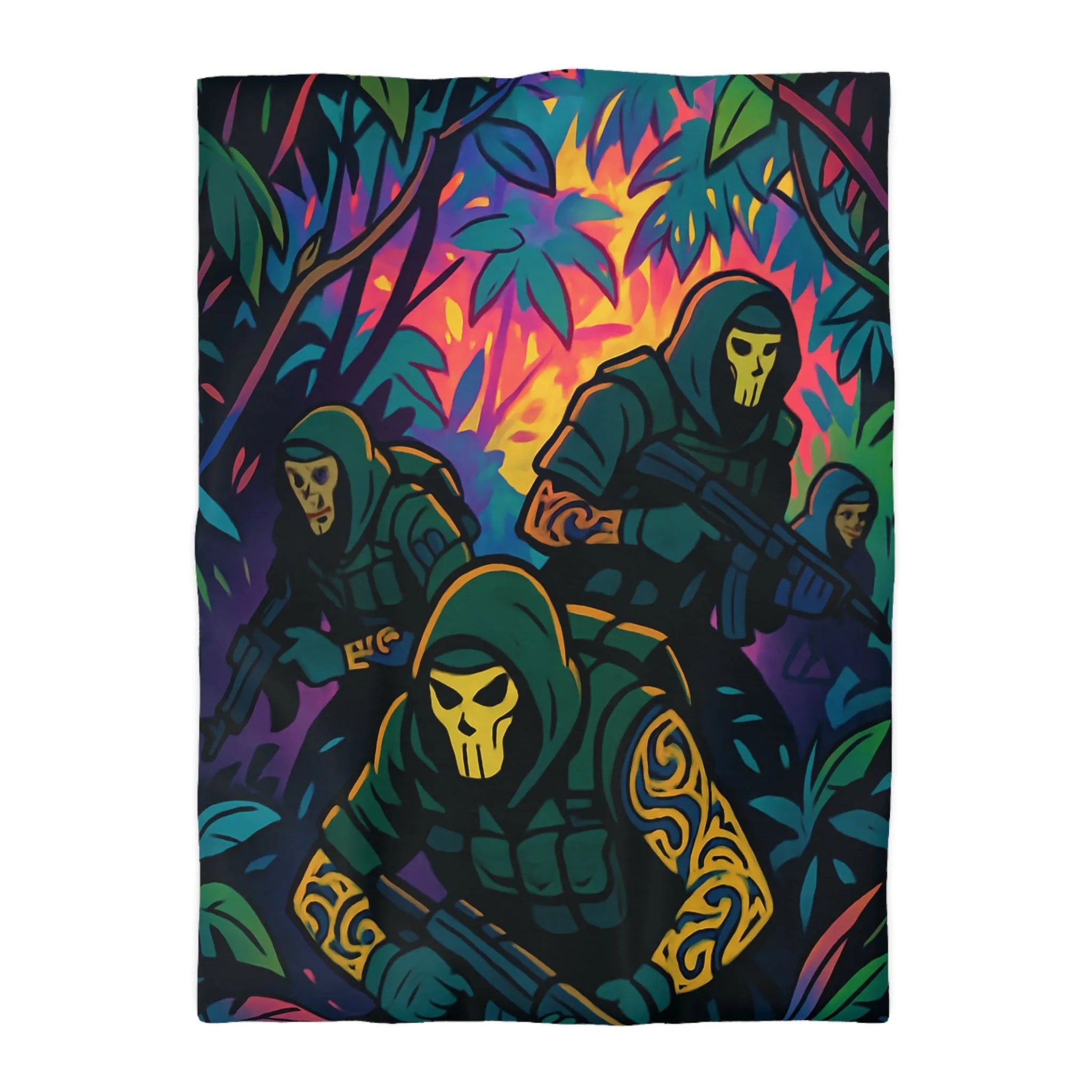 Housse de couette graphique avec motif de soldats masqués dans une jungle colorée