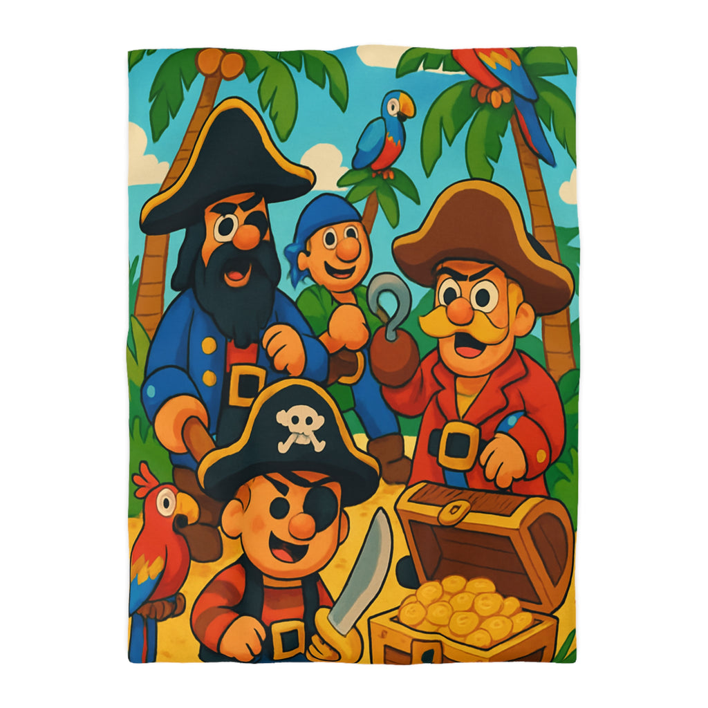 Housse de couette pirate colorée avec trésors, perroquets et personnages joyeux animés