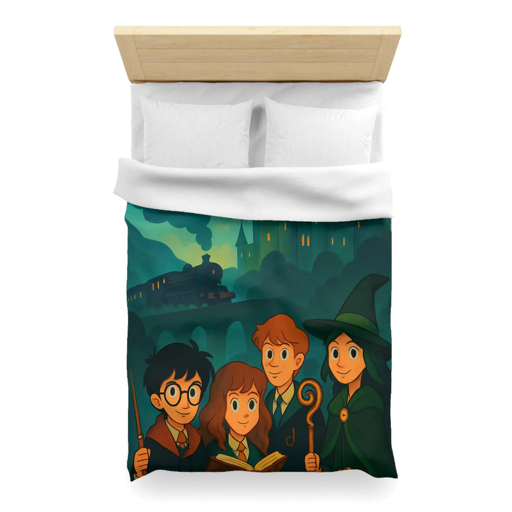 Housse de couette magique avec château et étudiants en sorcellerie dans une forêt enchantée