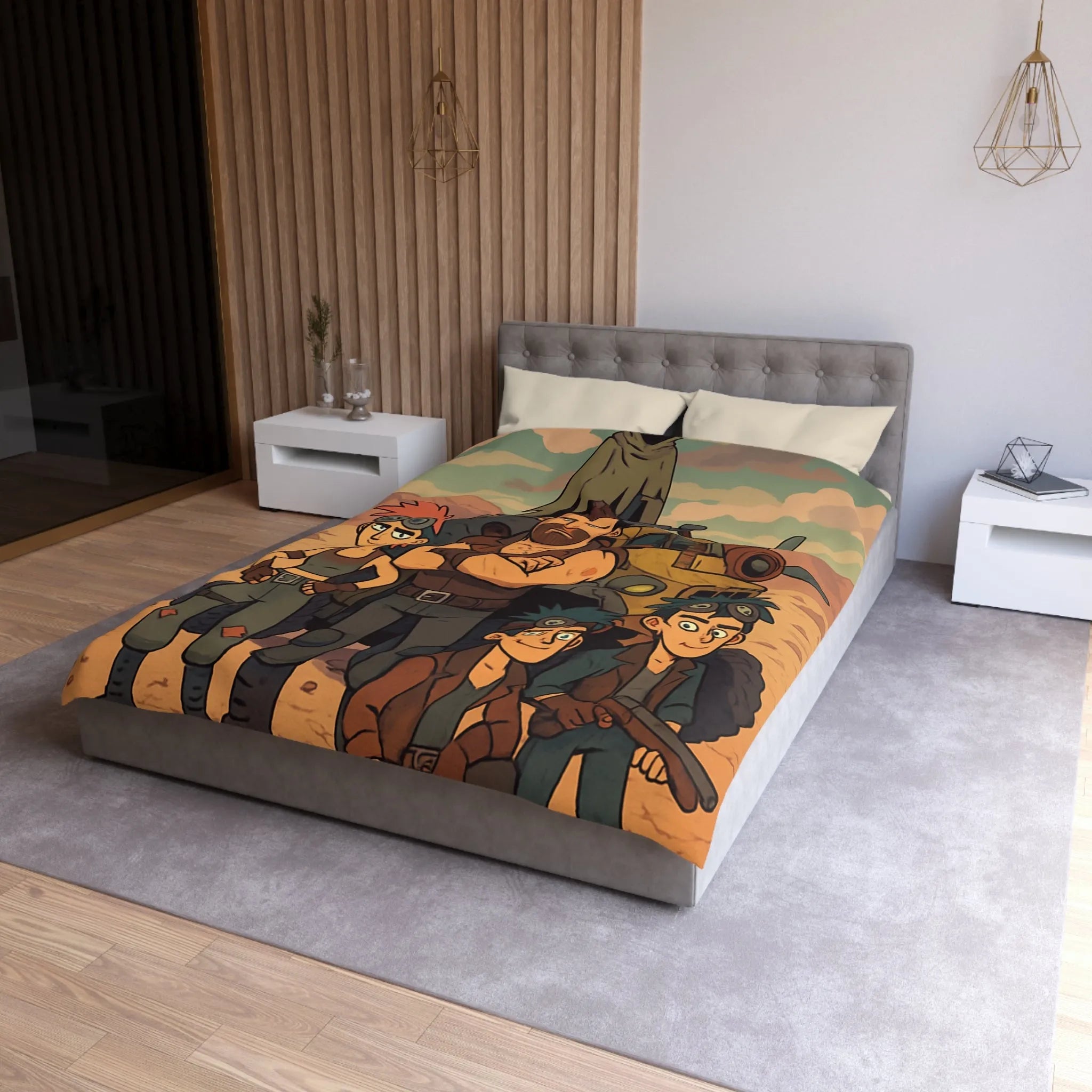 Housse de couette aventure désertique avec personnages et véhicule, style post-apocalyptique