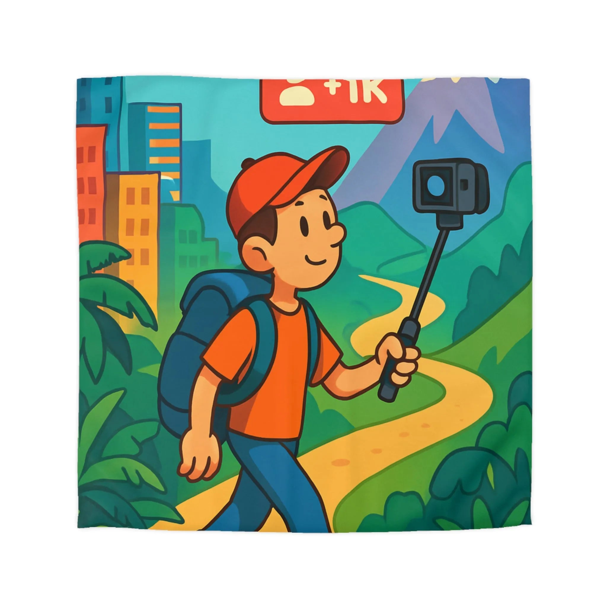 Housse de couette colorée montrant un voyageur joyeux en pleine randonnée montagnarde