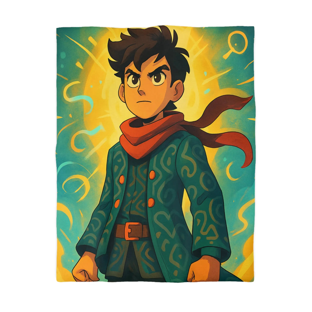 Éclatante illustration magique pour housse de couette avec personnage courageux et motifs abstraits colorés