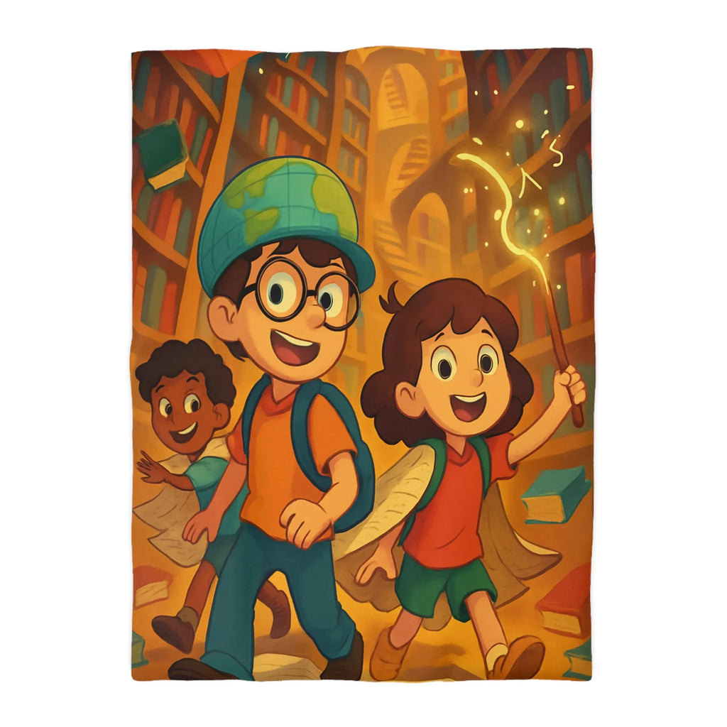Housse de couette magique avec enfants explorant une bibliothèque enchantée et livres volants