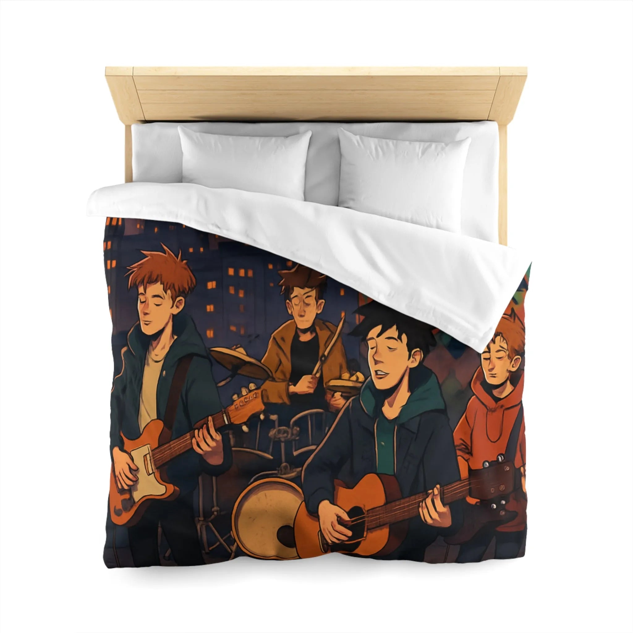 Housse de couette avec illustration de groupe jouant sur toit urbain au crépuscule