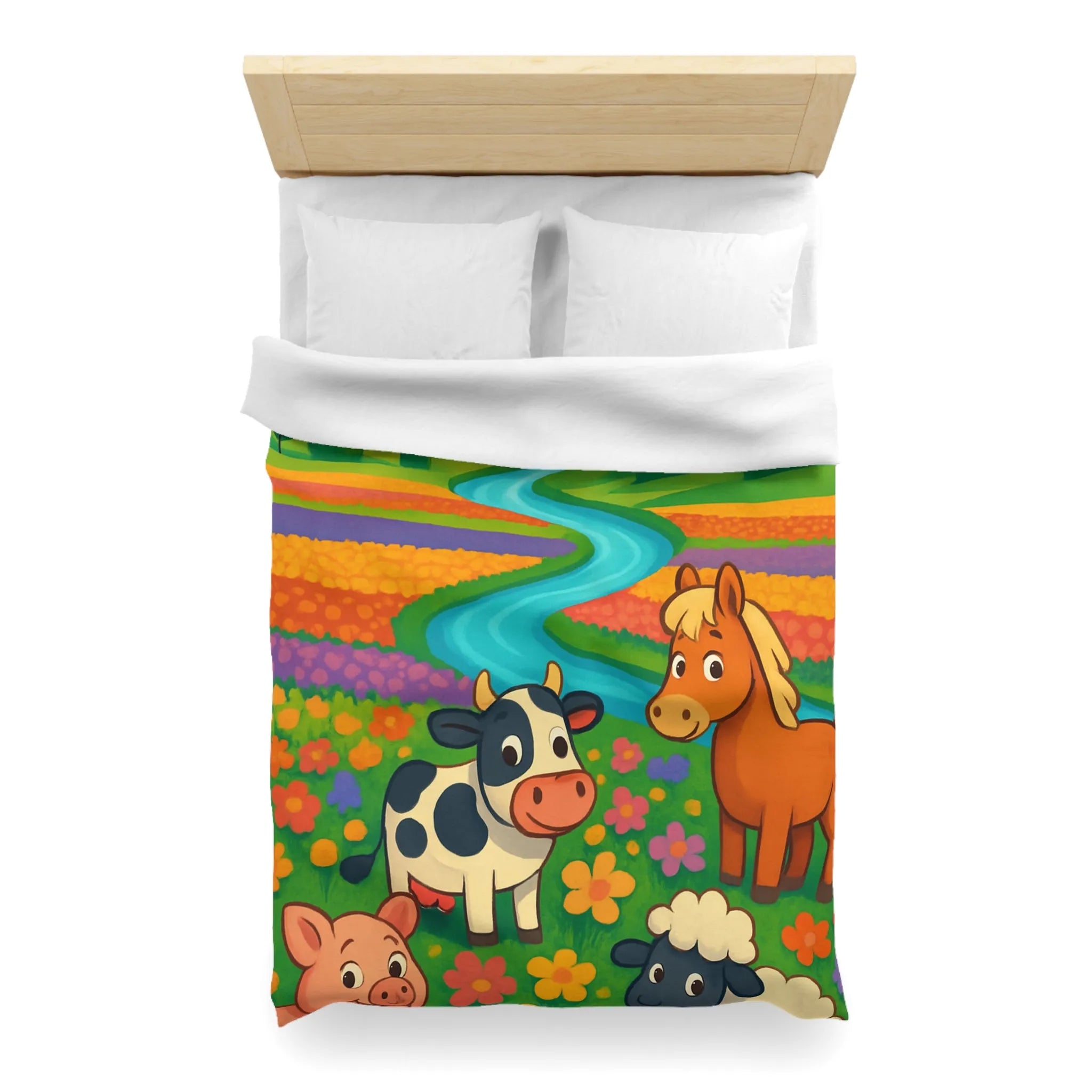 Housse de couette enfantine illustrée animaux de ferme joyeux et paysage champêtre coloré