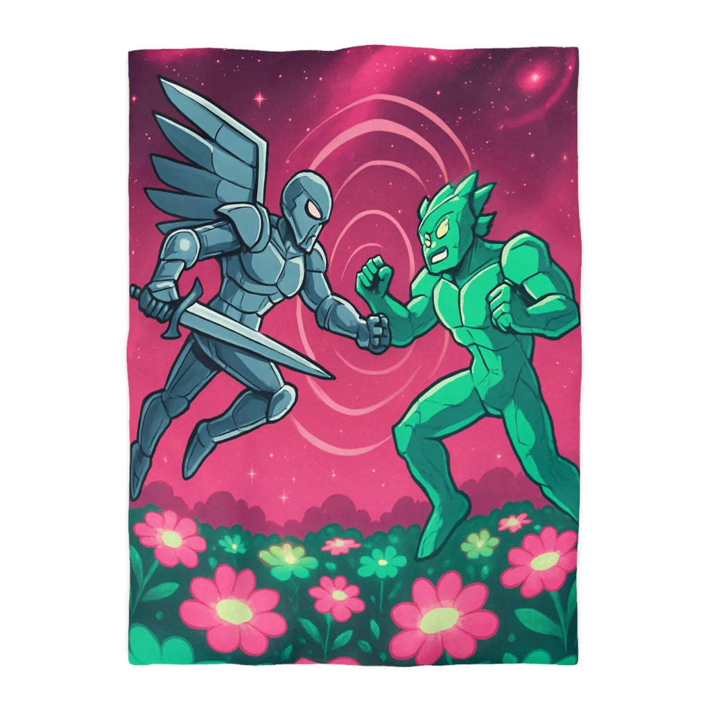 Housse de couette illustrée super-héros ailé avec scène de combat cosmique floral coloré