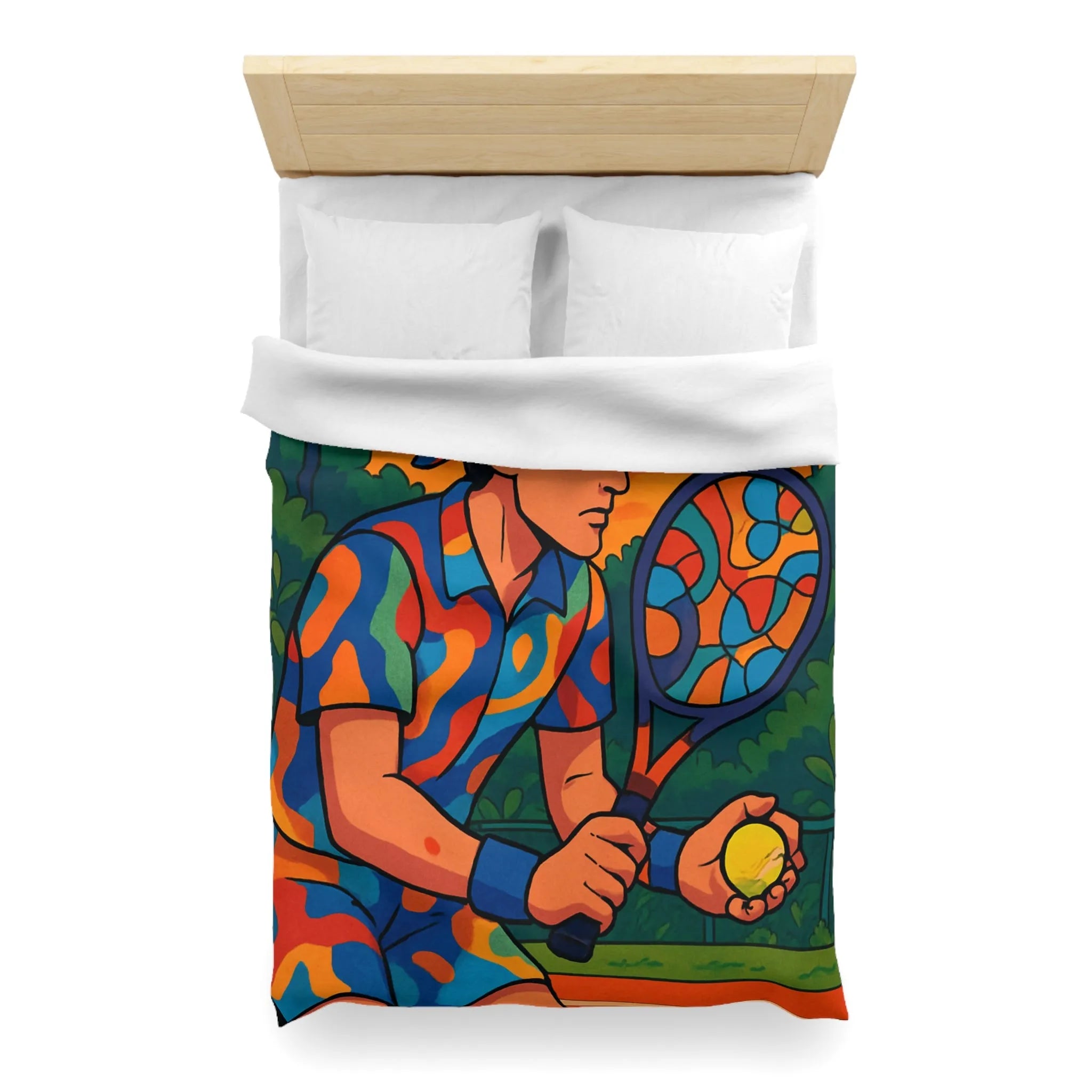Housse de Couette Colorée Tennis Design Vibrant avec Joueur en Action et Palmiers