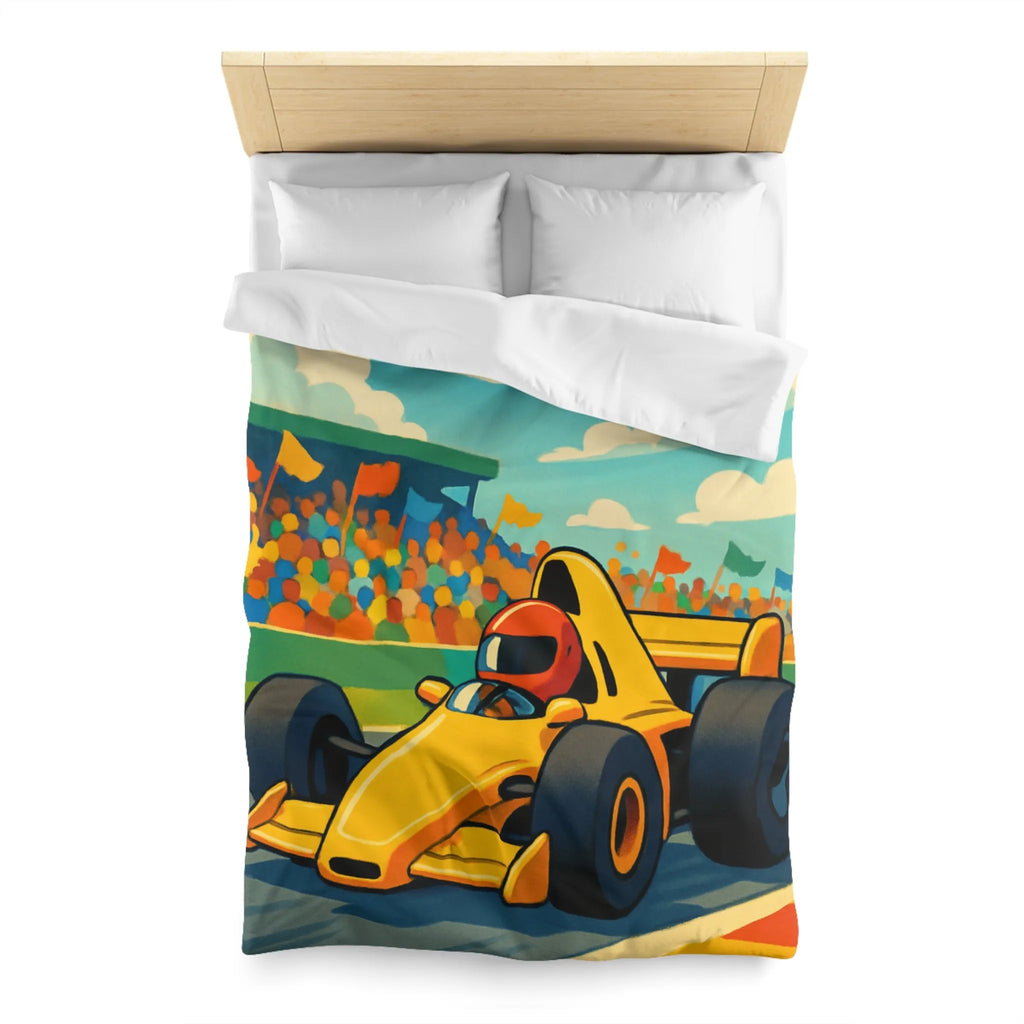 Housse de couette enfant voiture de course jaune circuit ambiance dynamique et colorée