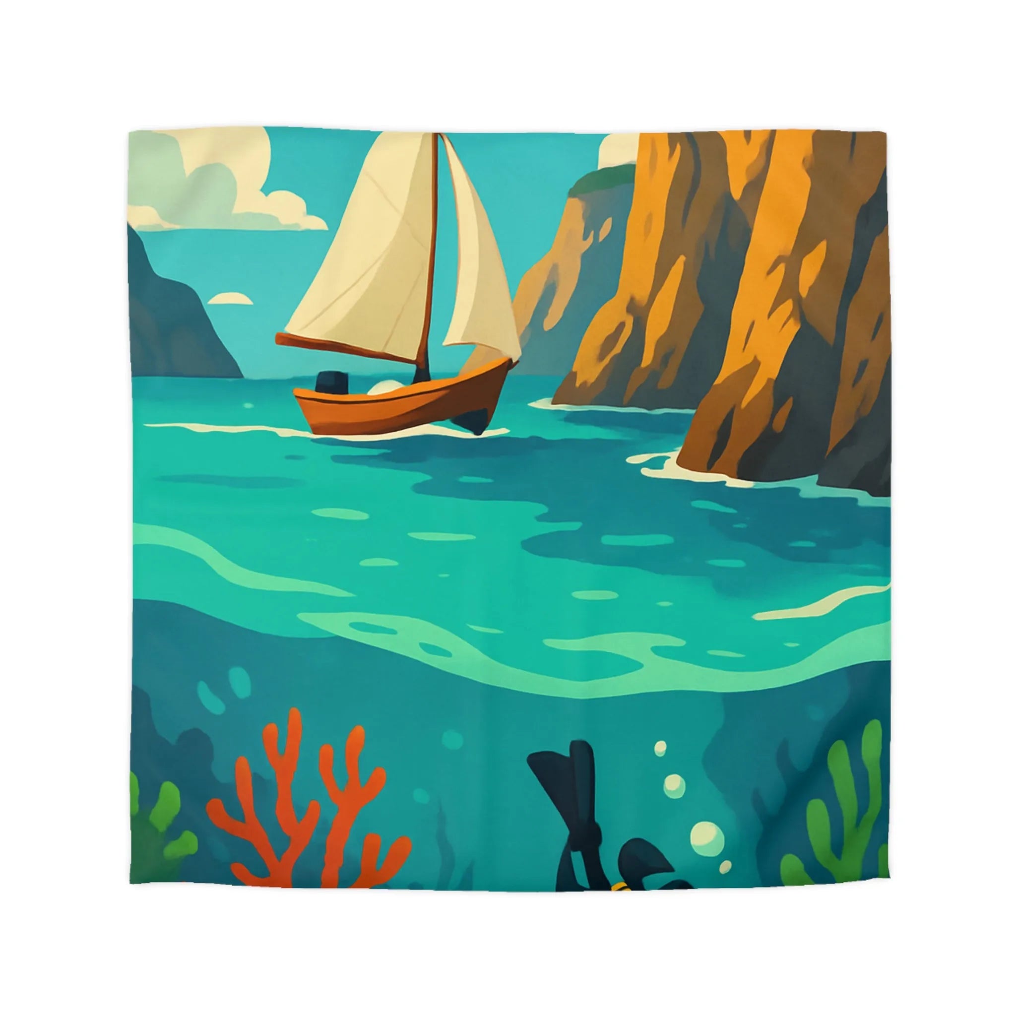Housse de couette maritime avec plongée, voilier, falaises et récifs colorés