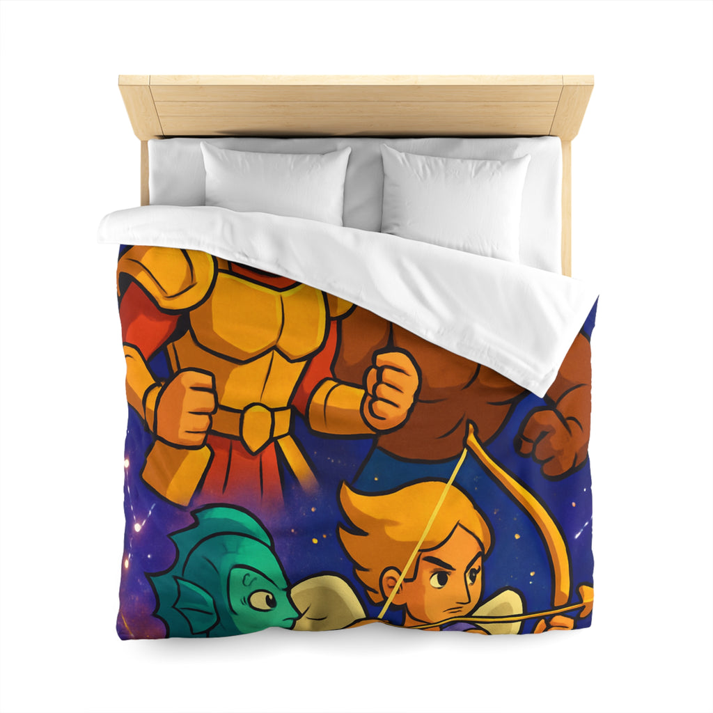 Housse de couette zodiaque illustrée avec chevalier, taureau, ange et créature marine