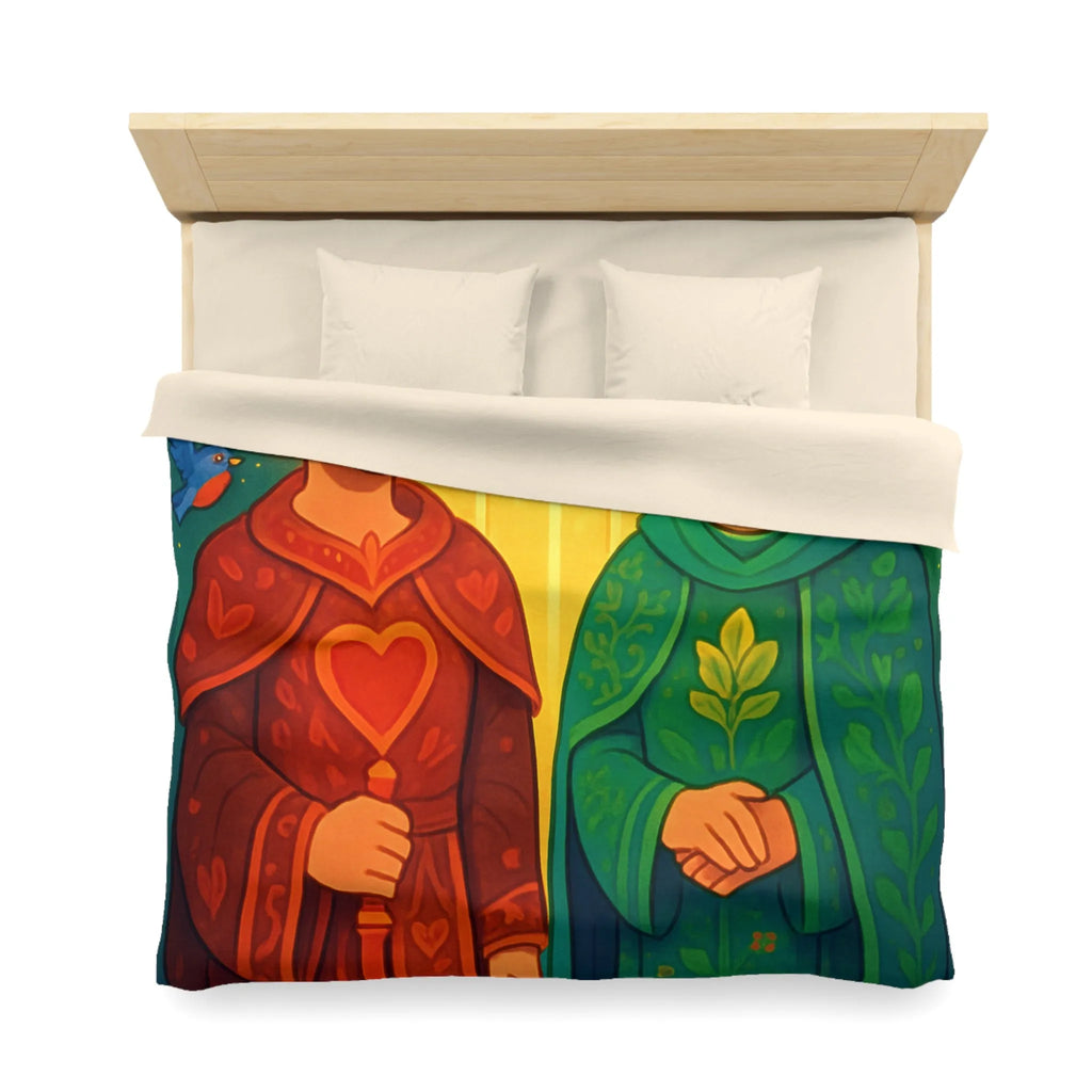 Housse de Couette Colorée avec Illustration Médiévale de Personnages Mystiques et Oiseaux Enchantés