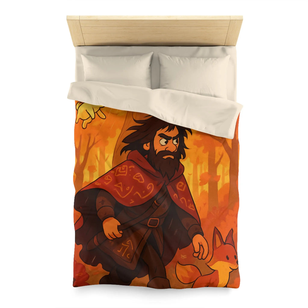 Housse de Couette Artistique avec Forêt Mystique d'Automne, Homme Barbu et Animaux Joyeux