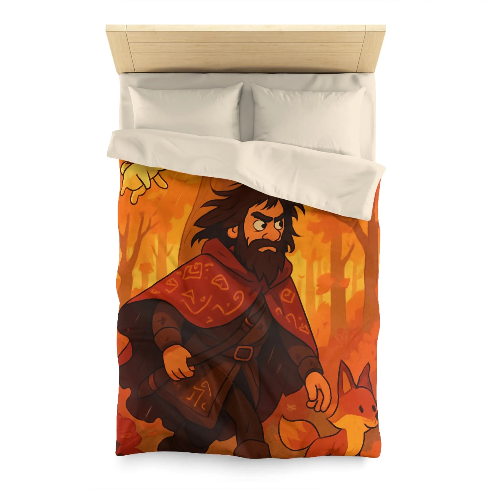 Housse de Couette Artistique avec Forêt Mystique d'Automne, Homme Barbu et Animaux Joyeux