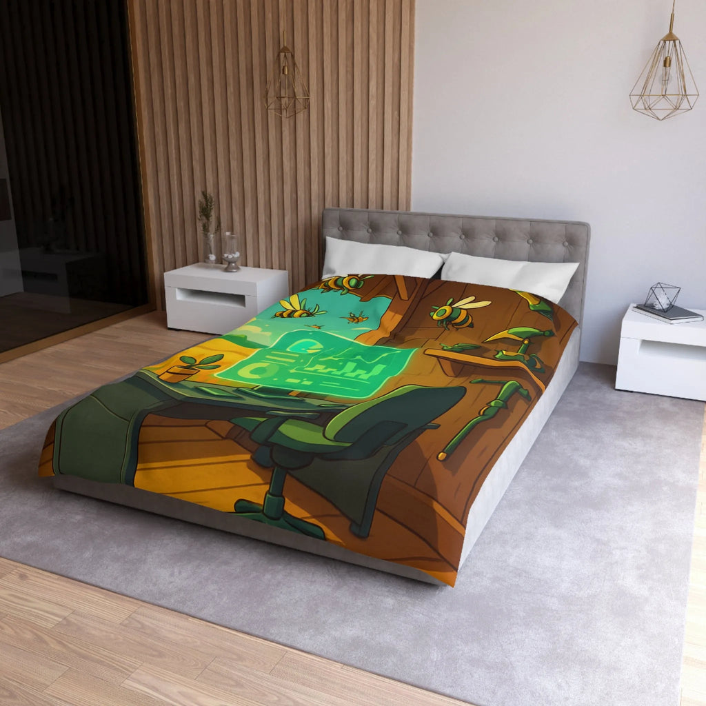 Housse de couette avec design moderne d'abeilles et station de travail futuriste