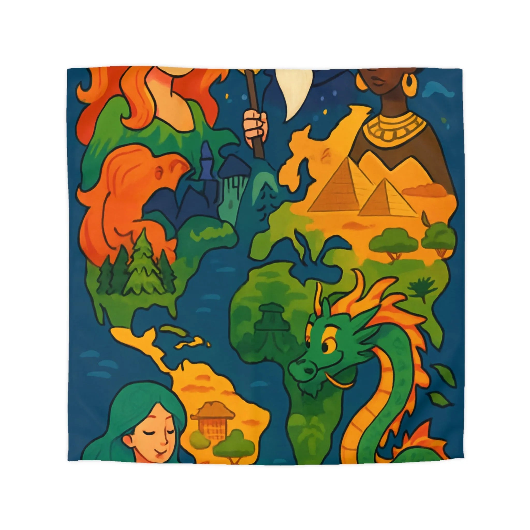 Housse de couette colorée et magique avec motifs de mythes de différentes cultures
