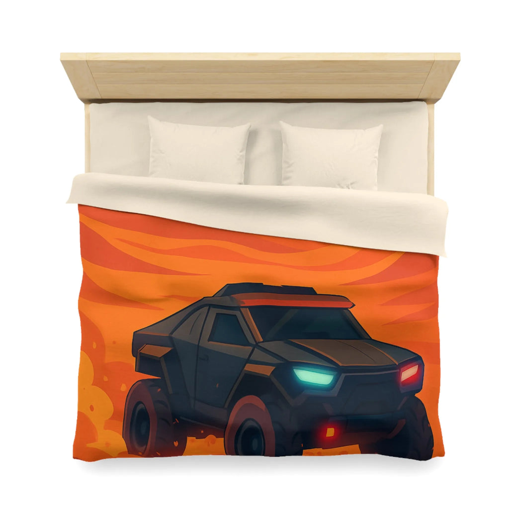 Housse de couette avec design de voiture tout-terrain dans désert orange au coucher du soleil