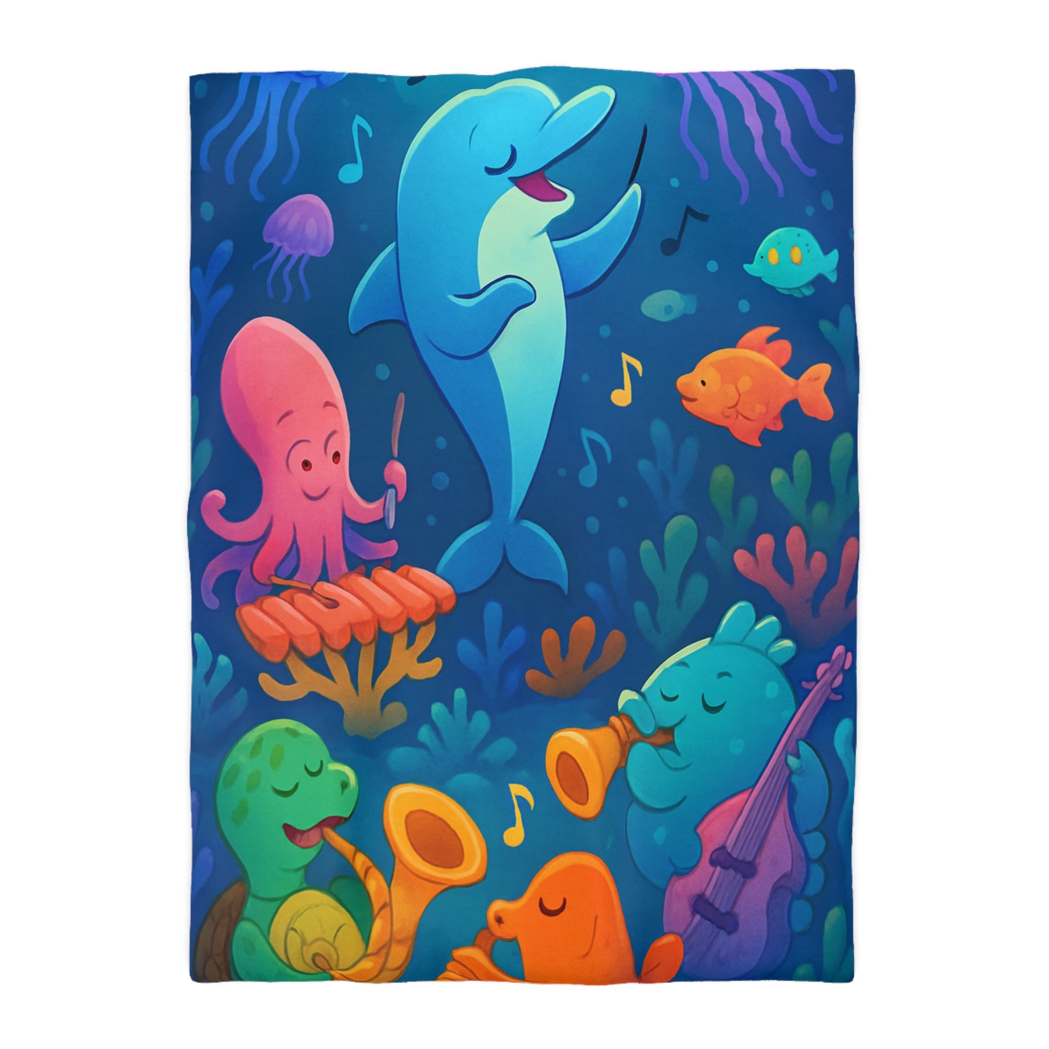 Housse de couette océan joyeux avec animaux marins et notes musicales colorées