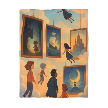 Housse de couette avec enfants volant parmi des tableaux de contes et de rêves