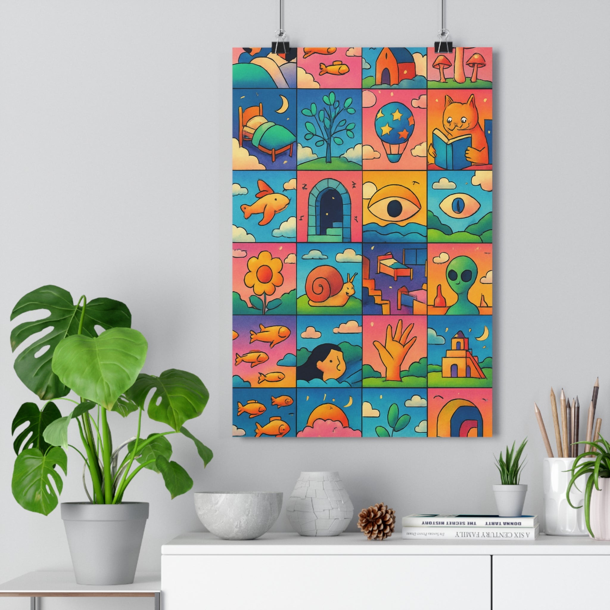 Poster décoratif surréaliste cartoon bleu rose orange vert rêveur ludique chambre salon enfant bureau