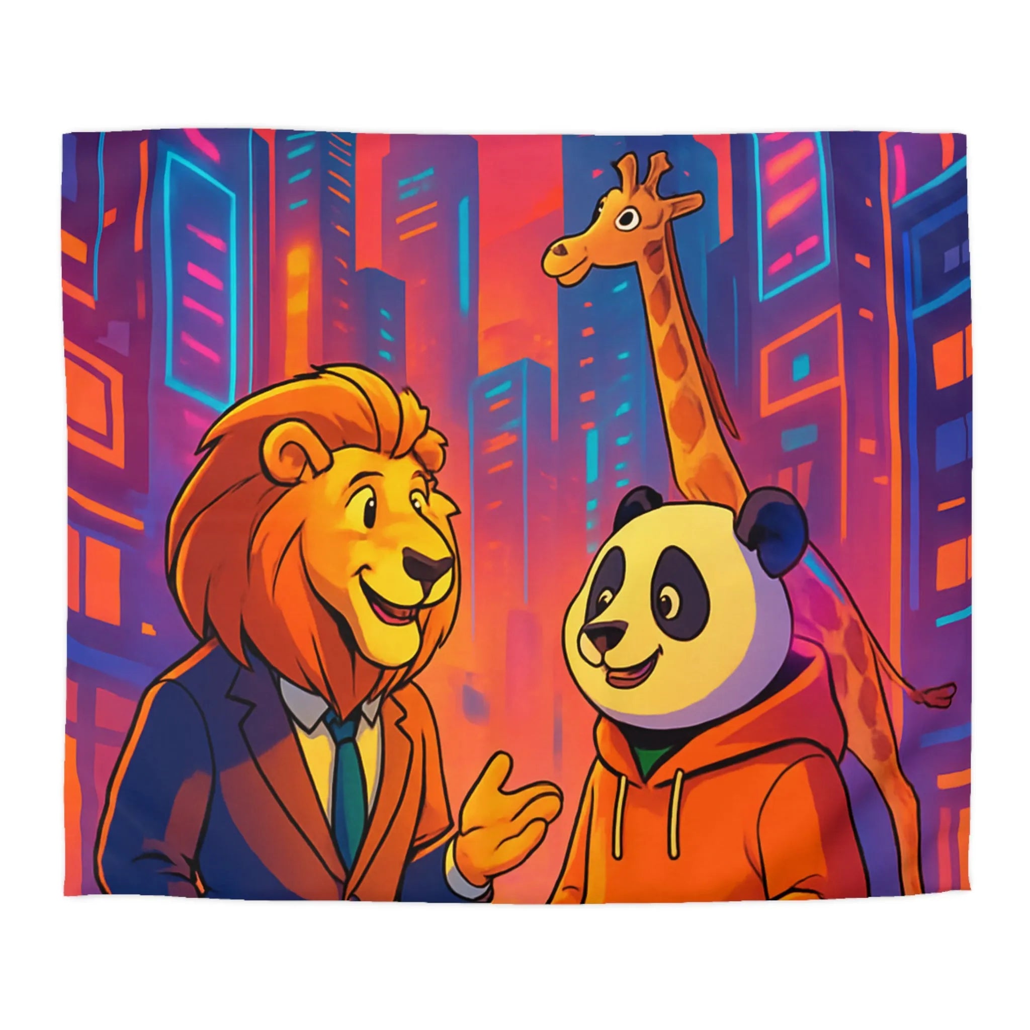 Housse de couette colorée avec lion et panda en costume urbain de ville futuriste