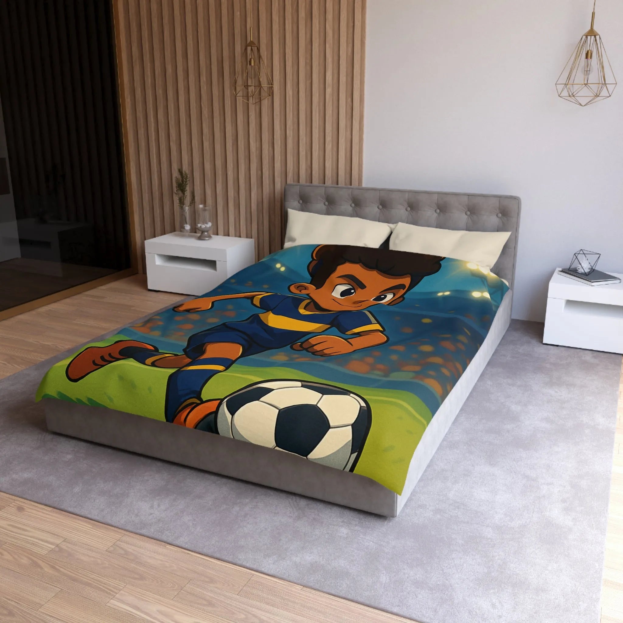 Housse de Couette Enfant Footballeur Dessin Animé, Terrain de Jeu Lumineux Sportif