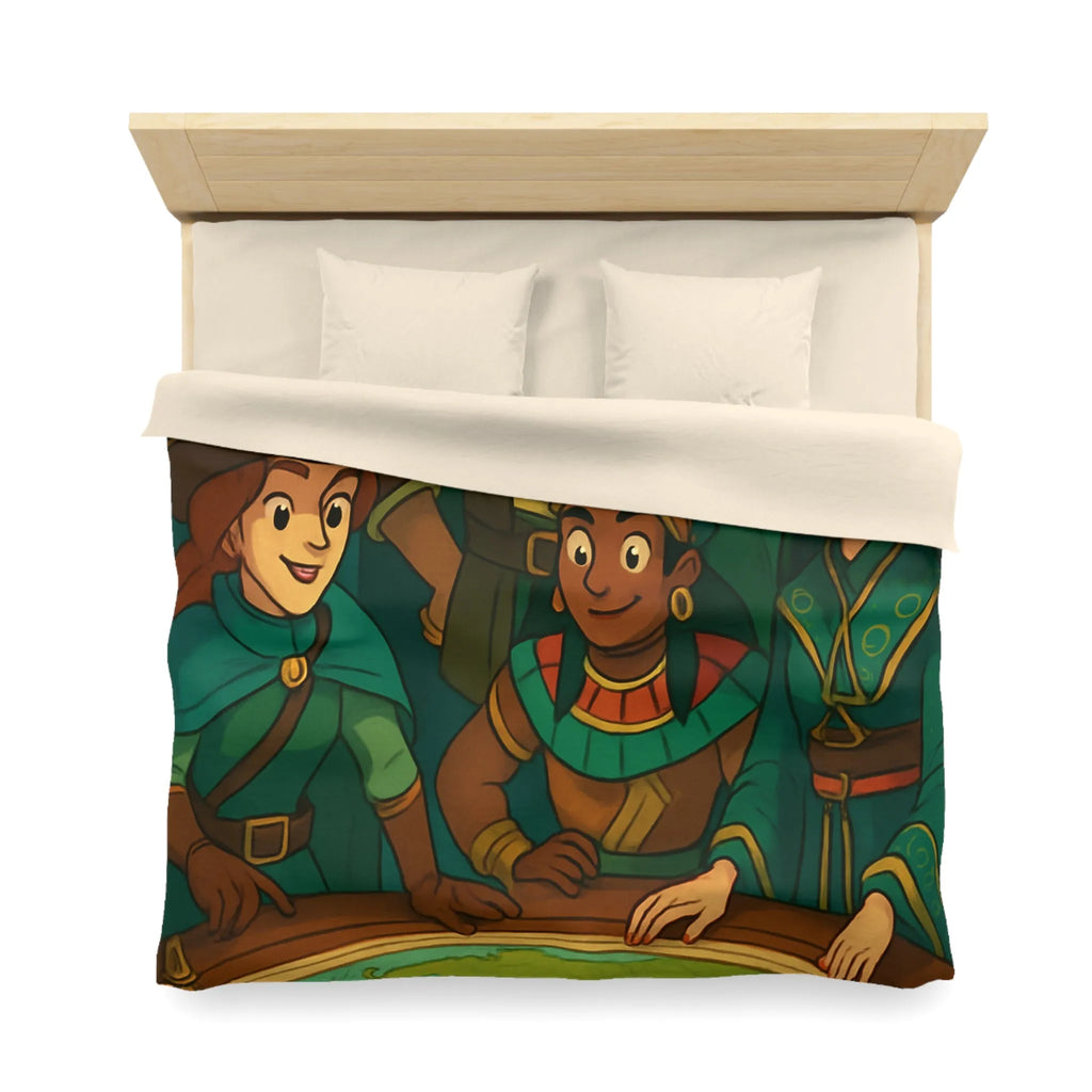 Housse de couette aventuriers explorateurs carte monde globe chapeaux costumes colorés ambiance ludique