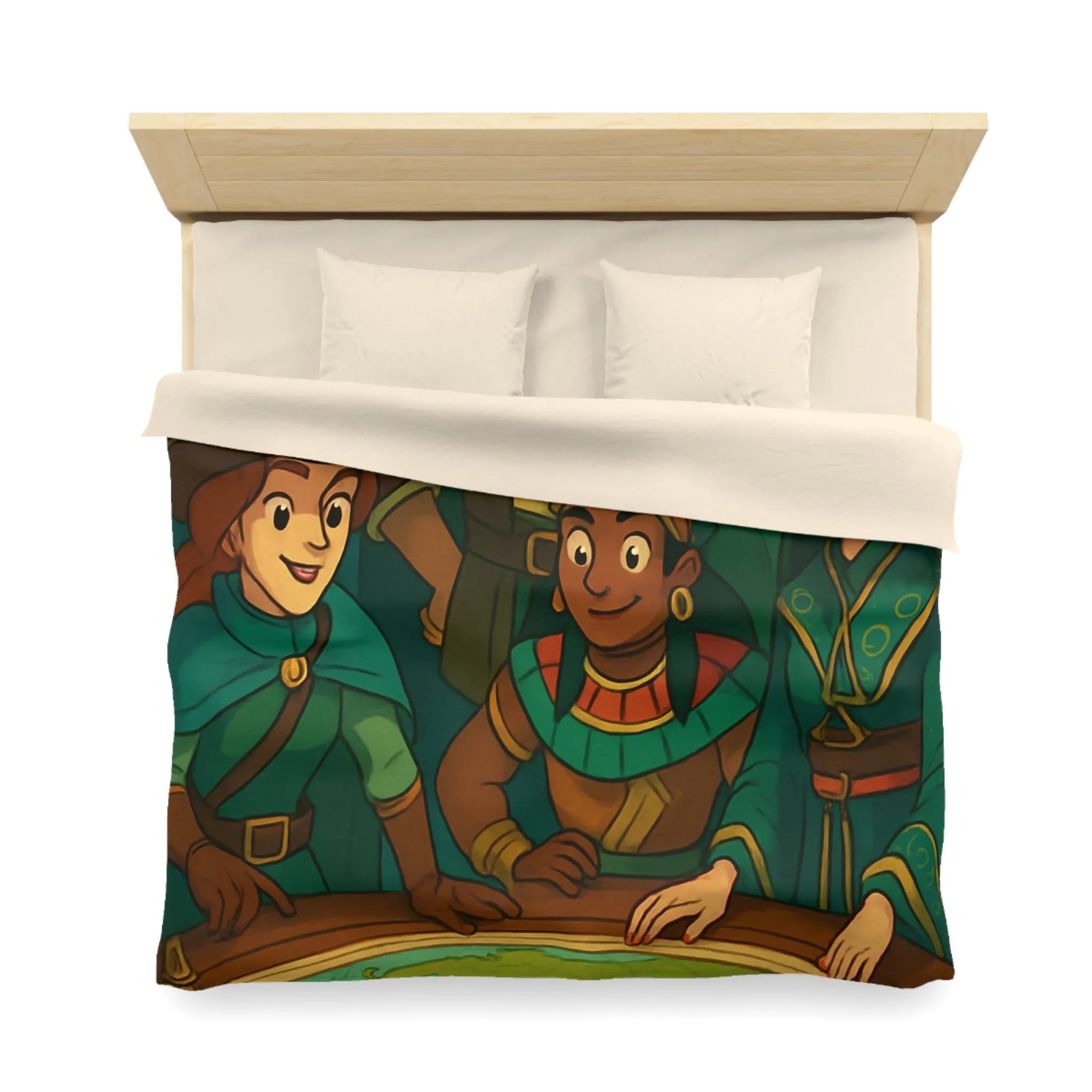 Housse de couette aventuriers explorateurs carte monde globe chapeaux costumes colorés ambiance ludique