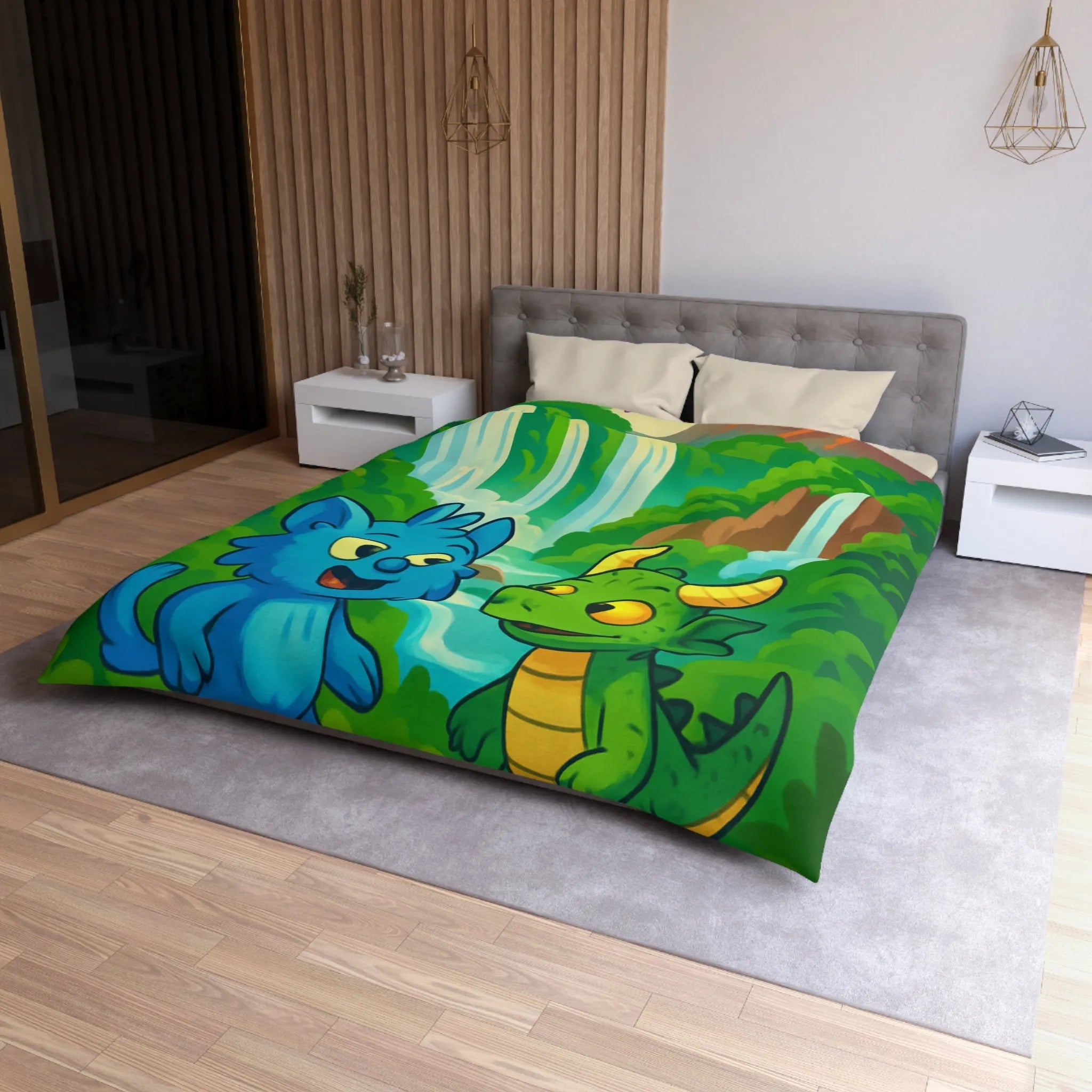 Housse de Couette Fantaisie Enfants Avec Animaux et Paysage Magique Coloré Vert et Bleu