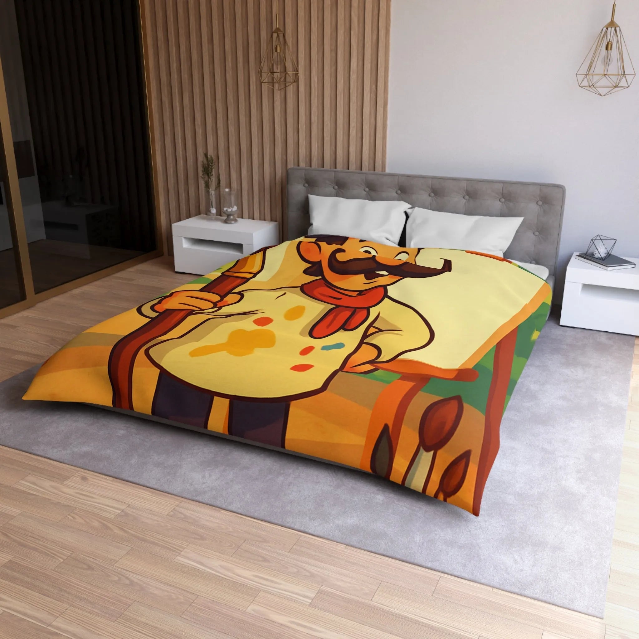 Housse de couette artiste moustachu amusant avec chevalet, pinceaux et pots de peinture